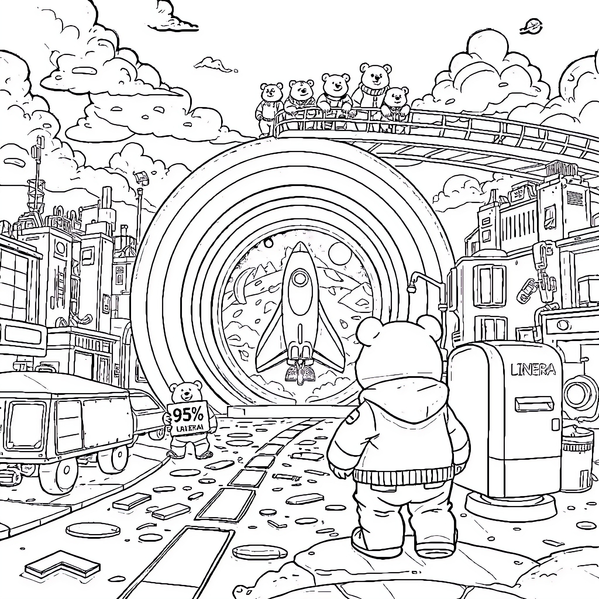 Bear exploring the futuristic city with a rocket Coloring Page (free black-and-white line drawing printable PDF for all, from beginners to advanced learners, including children, teens, adults, and seniors)