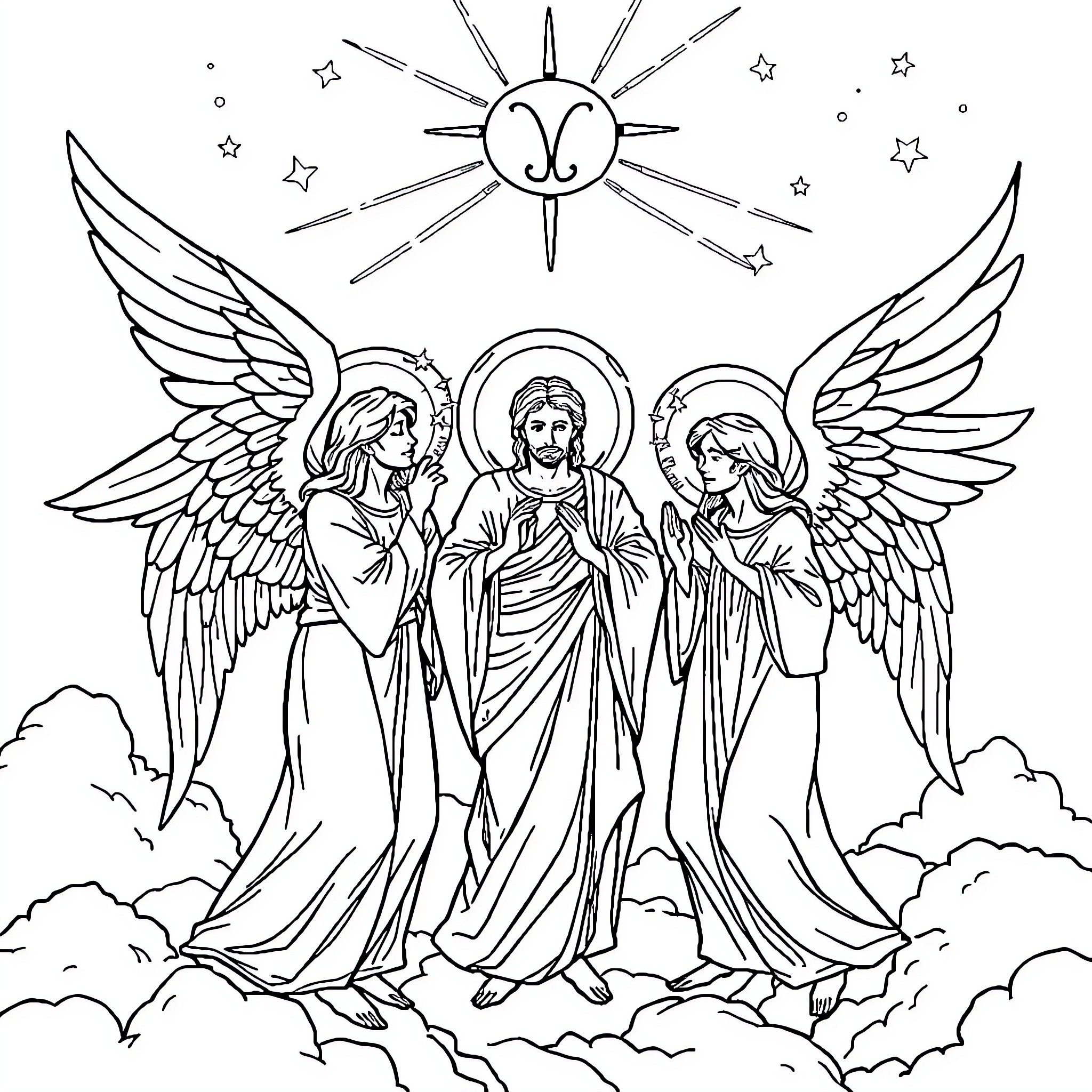 Angel Figures in Celestial Heavenly Scene Coloring Page (free black-and-white line drawing printable PDF for all, from beginners to advanced learners, including children, teens, adults, and seniors)
