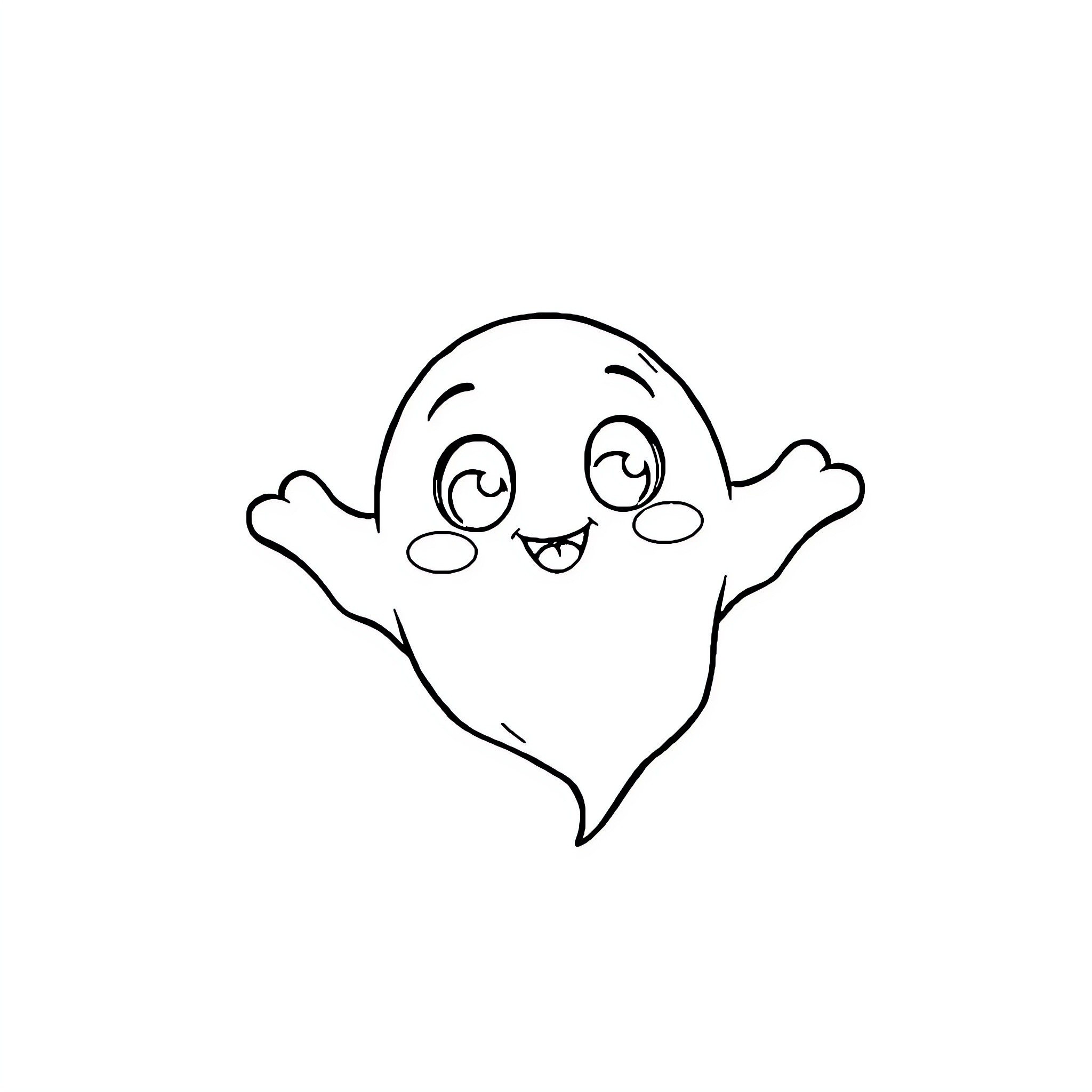 Ghost character with cheerful expression Coloring Page (free black-and-white line drawing printable PDF for all, from beginners to advanced learners, including children, teens, adults, and seniors)
