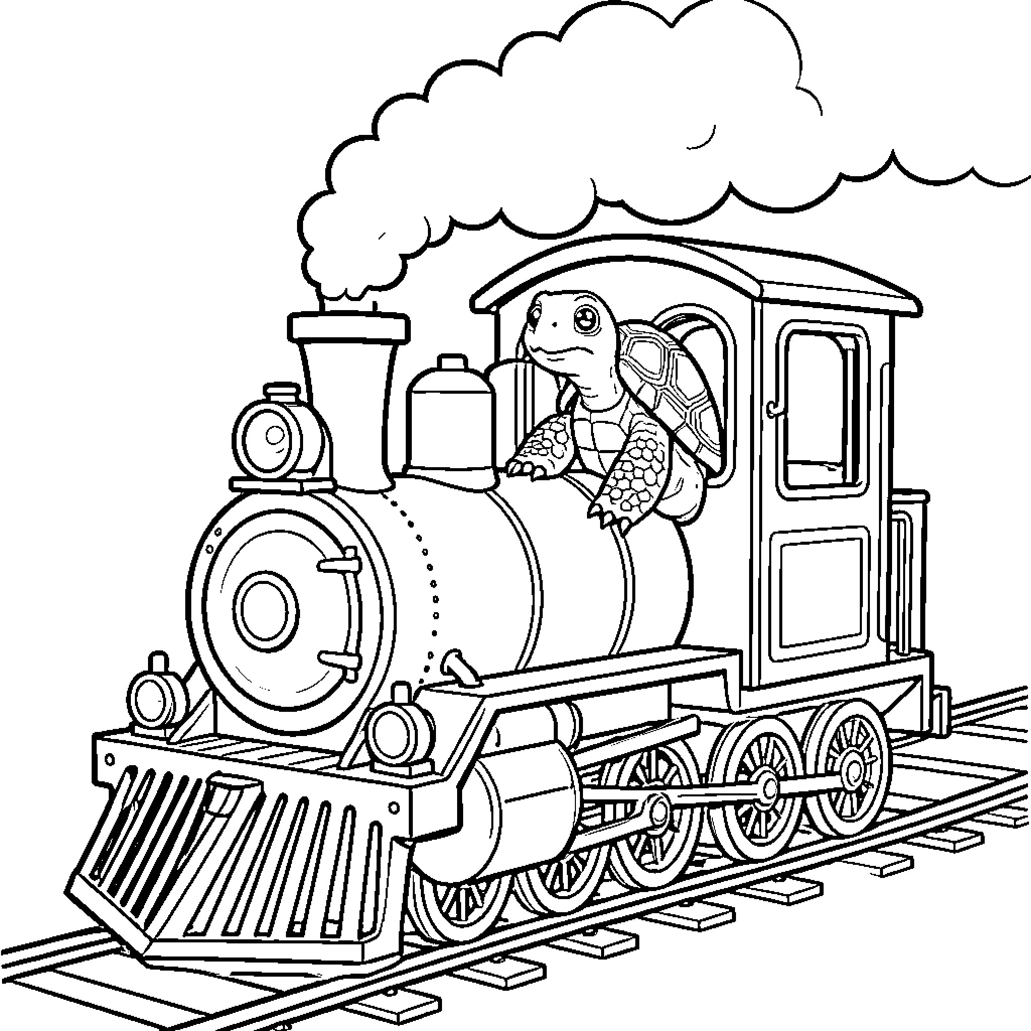 Turtle driving a steam locomotive on tracks Coloring Page (free black-and-white line drawing printable PDF for all, from beginners to advanced learners, including children, teens, adults, and seniors)