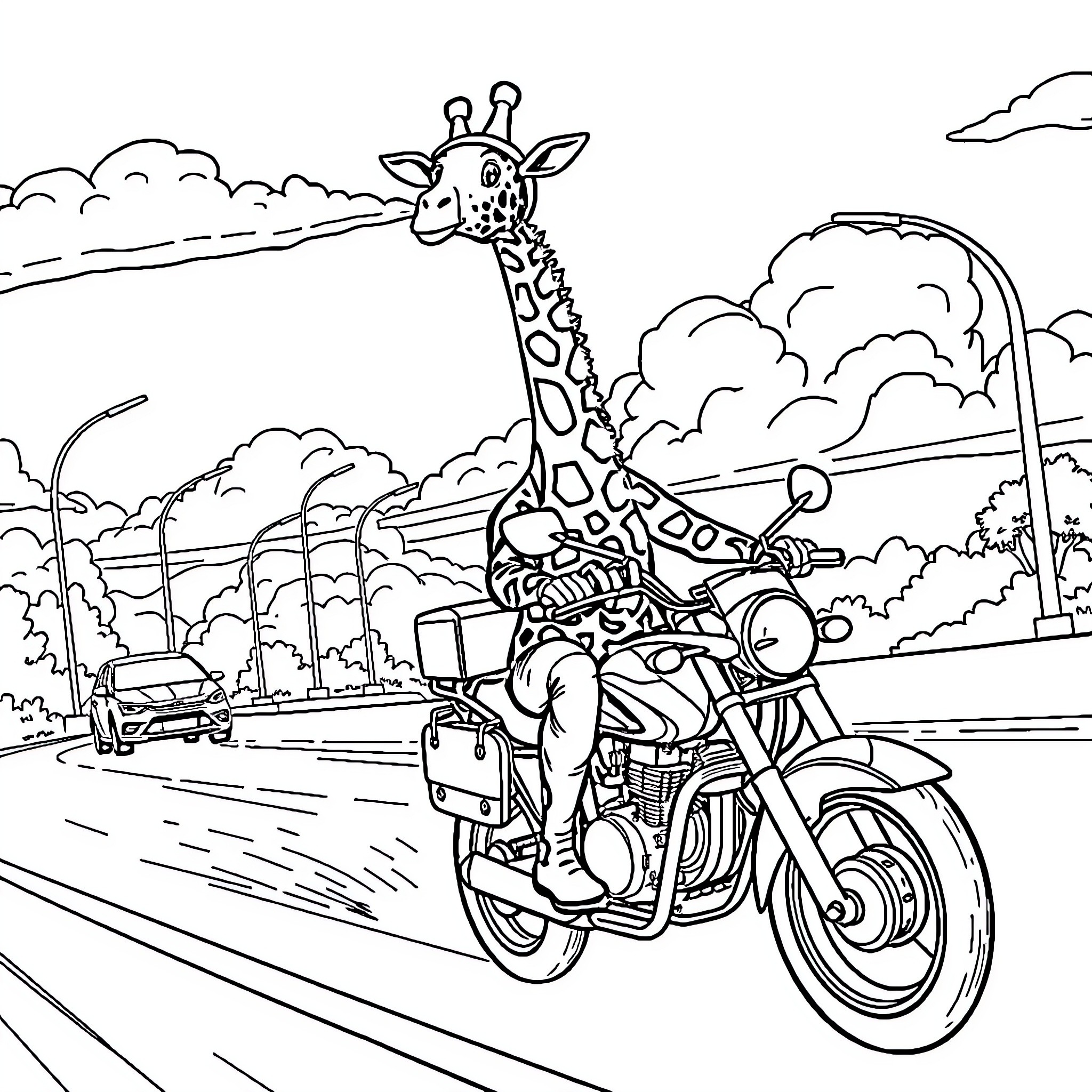 Giraffe riding a motorcycle on the city street Coloring Page (free black-and-white line drawing printable PDF for all, from beginners to advanced learners, including children, teens, adults, and seniors)