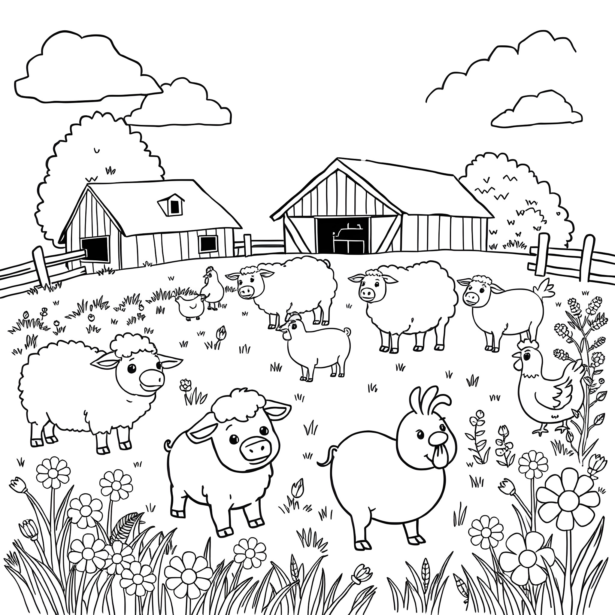 Farm Animal Scene with Barn and Livestock Coloring Page (free black-and-white line drawing printable PDF for all, from beginners to advanced learners, including children, teens, adults, and seniors)
