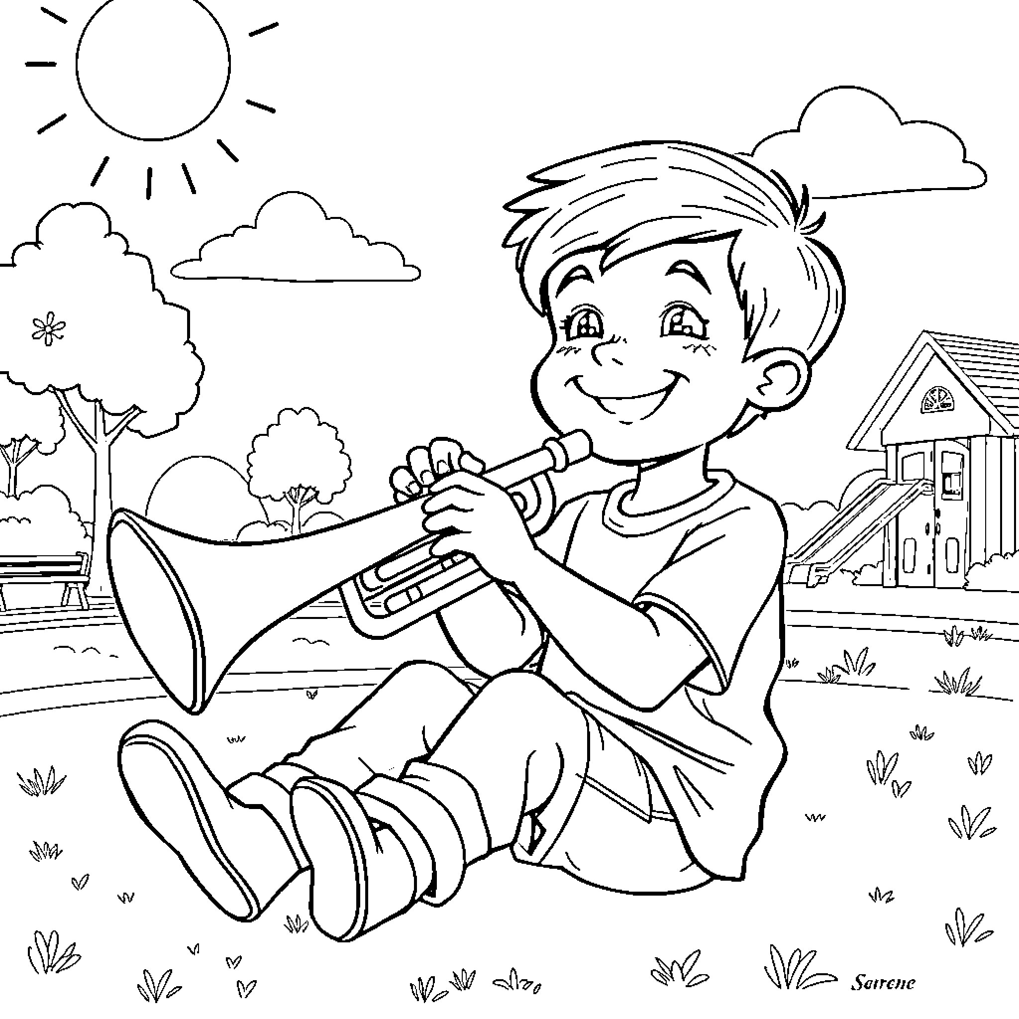 Boy playing a trumpet in the yard Coloring Page (free black-and-white line drawing printable PDF for all, from beginners to advanced learners, including children, teens, adults, and seniors)