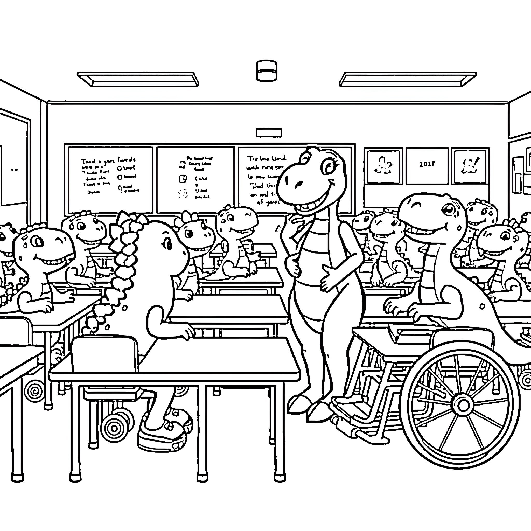 Dinosaur students in a lively classroom setting Coloring Page (free black-and-white line drawing printable PDF for all, from beginners to advanced learners, including children, teens, adults, and seniors)