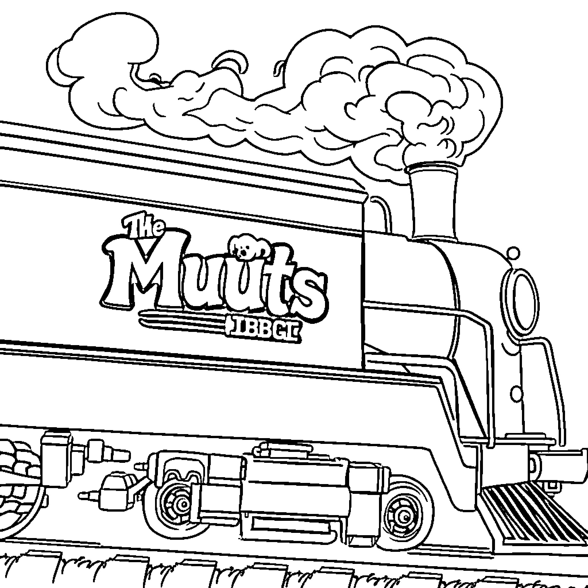 Train carrying freight along tracks with steam Coloring Page (free black-and-white line drawing printable PDF for all, from beginners to advanced learners, including children, teens, adults, and seniors)