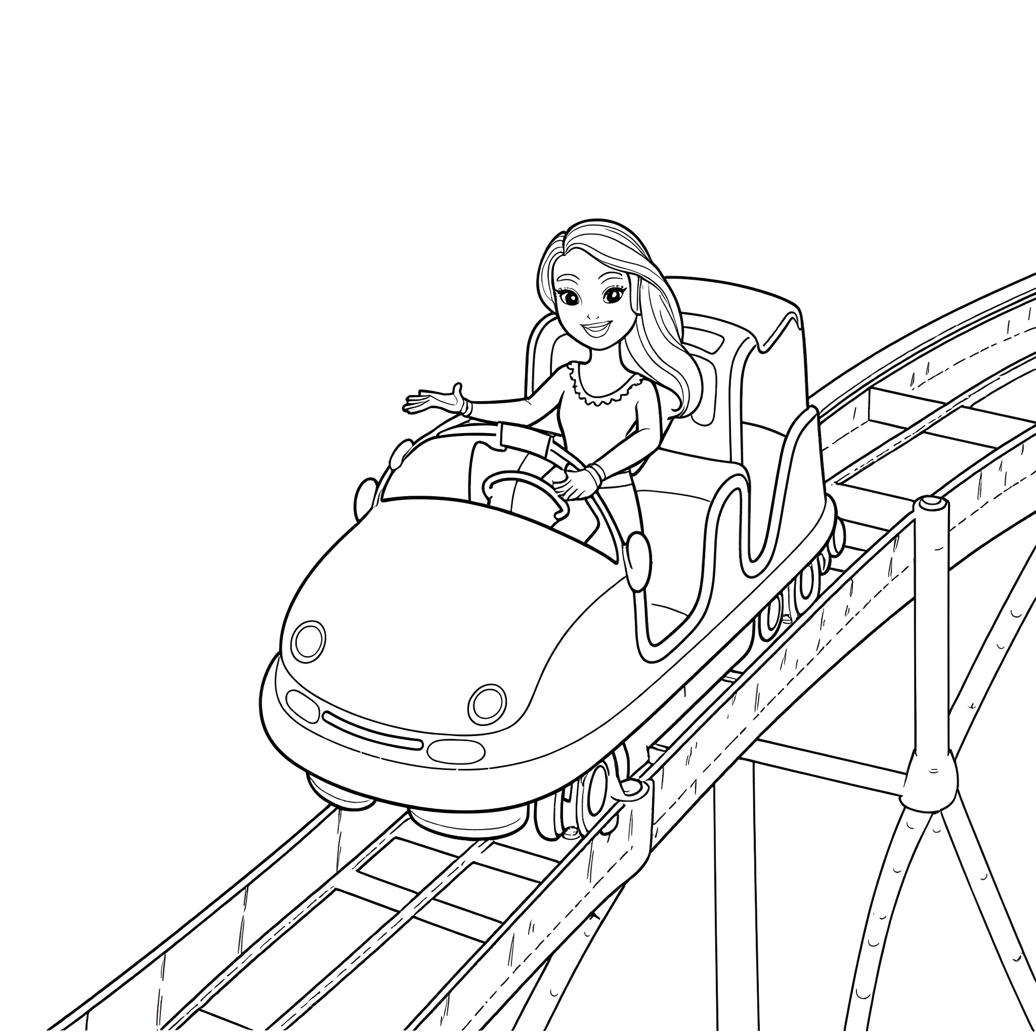 Barbie riding a fun roller coaster Coloring Page (free black-and-white line drawing printable PDF for all, from beginners to advanced learners, including children, teens, adults, and seniors)