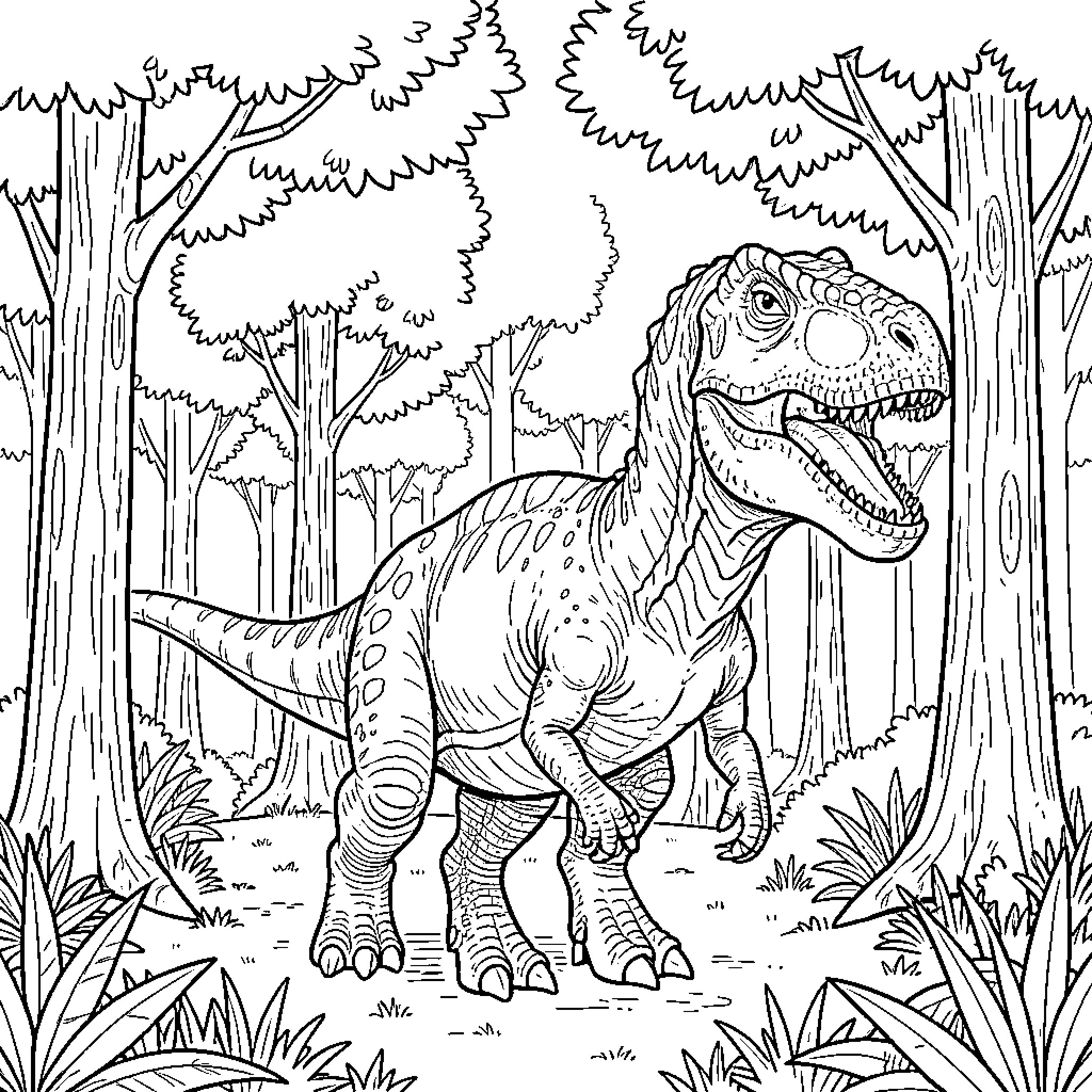 Dinosaur roaming through the enchanted forest Coloring Page (free black-and-white line drawing printable PDF for all, from beginners to advanced learners, including children, teens, adults, and seniors)