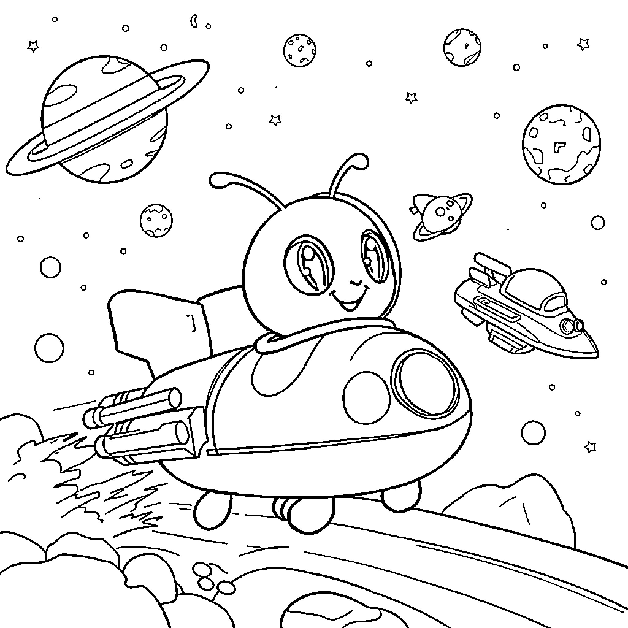 Paw Patrol Space Adventure Coloring Page (free black-and-white line drawing printable PDF for all, from beginners to advanced learners, including children, teens, adults, and seniors)