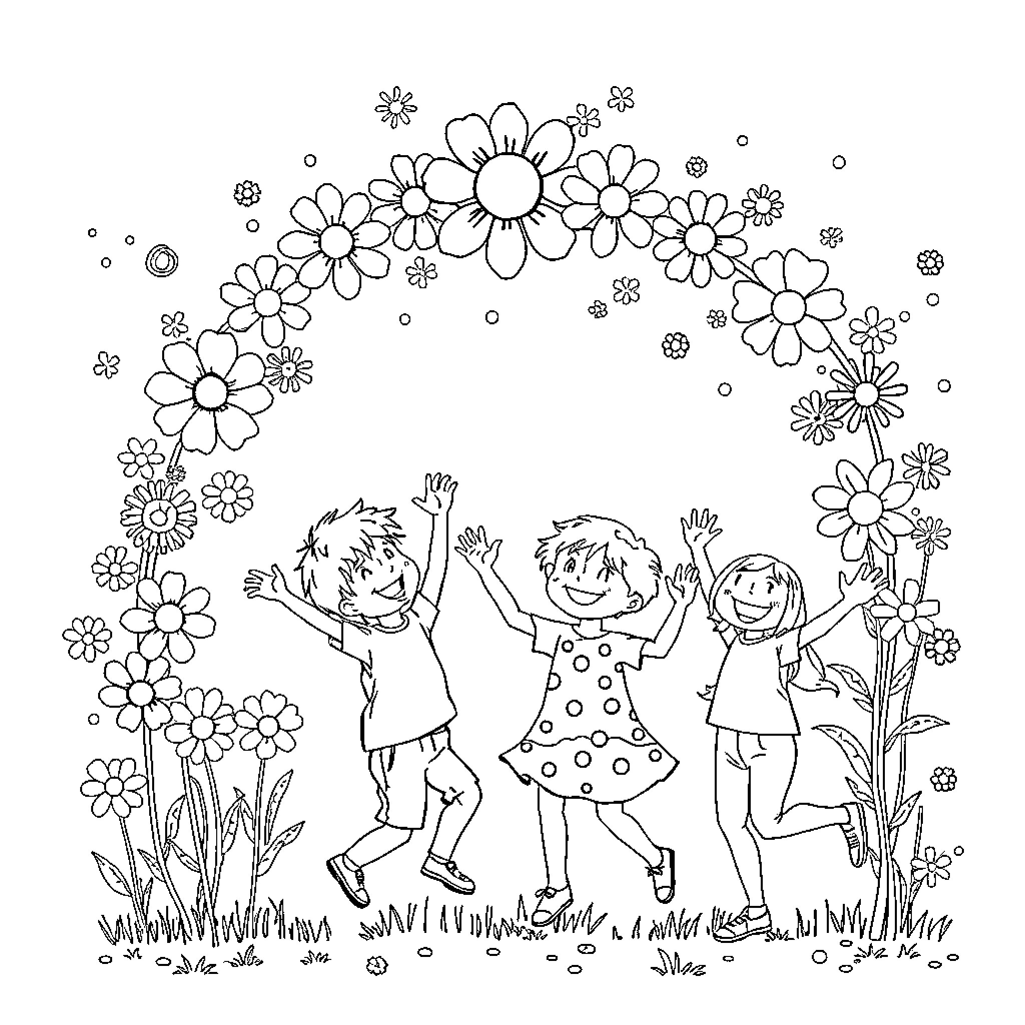 Flower children joyfully playing in the garden Coloring Page (free black-and-white line drawing printable PDF for all, from beginners to advanced learners, including children, teens, adults, and seniors)