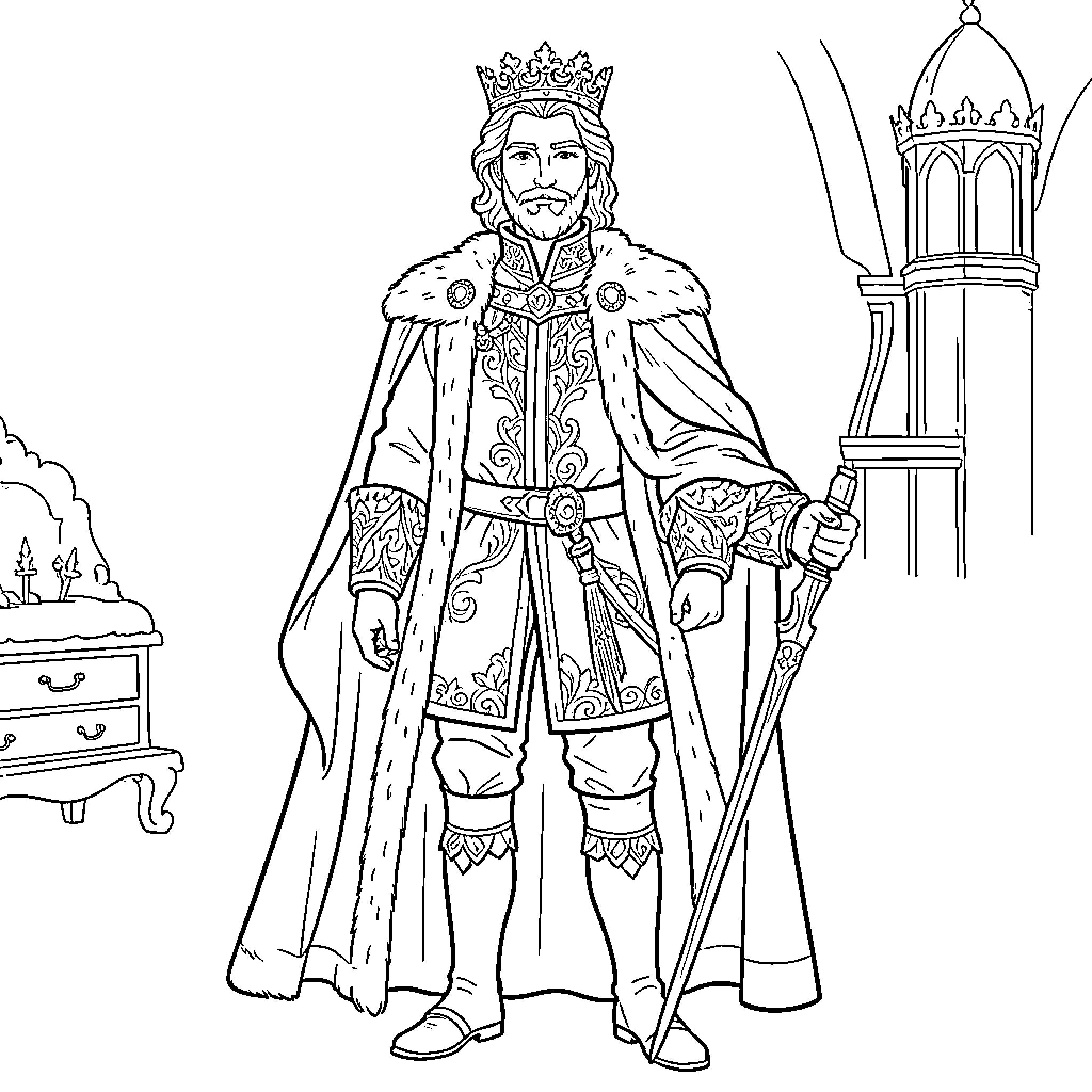 Prince standing regally in royal attire with a sword Coloring Page (free black-and-white line drawing printable PDF for all, from beginners to advanced learners, including children, teens, adults, and seniors)