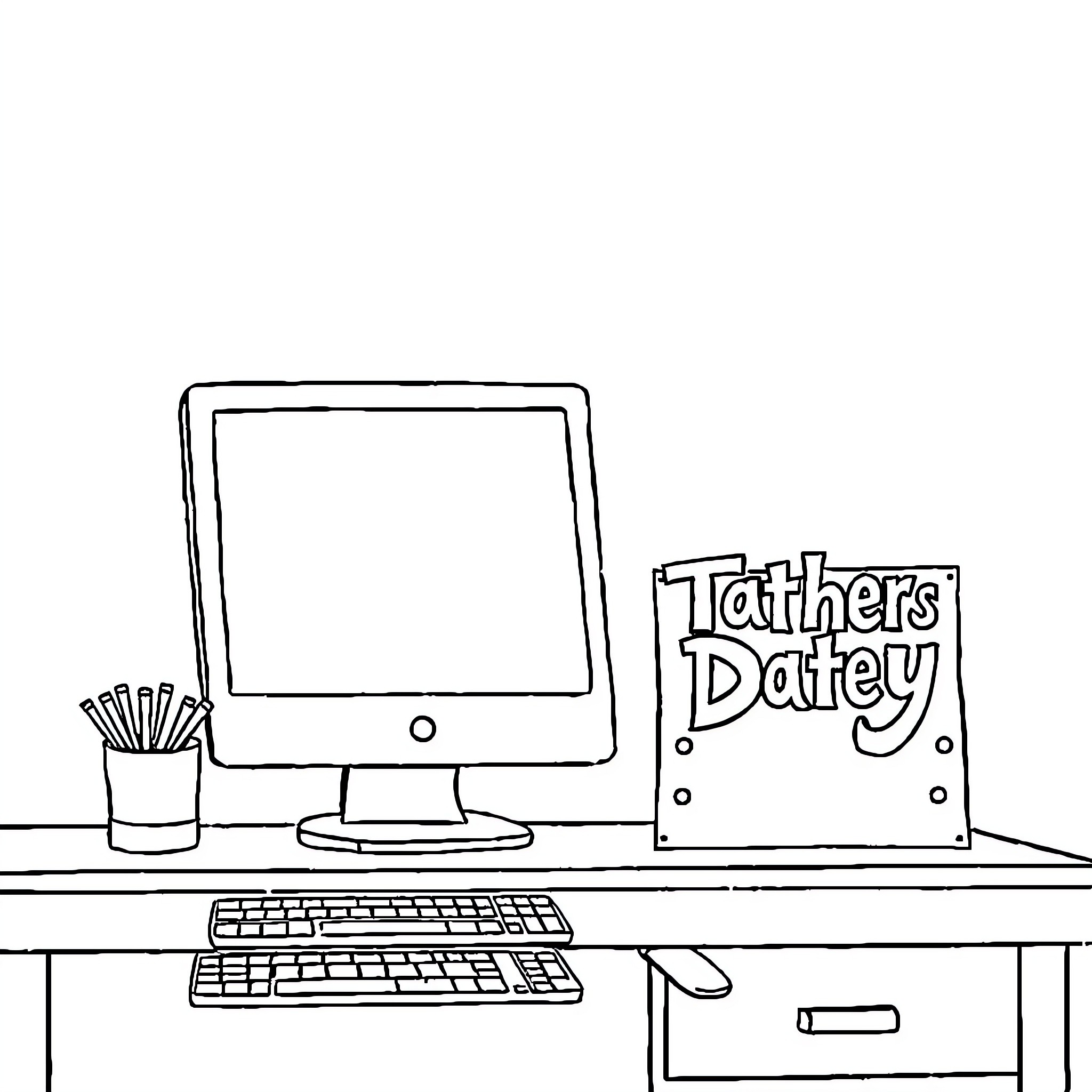 Computer Desk with Drawing Supplies and Signage Coloring Page (free black-and-white line drawing printable PDF for all, from beginners to advanced learners, including children, teens, adults, and seniors)