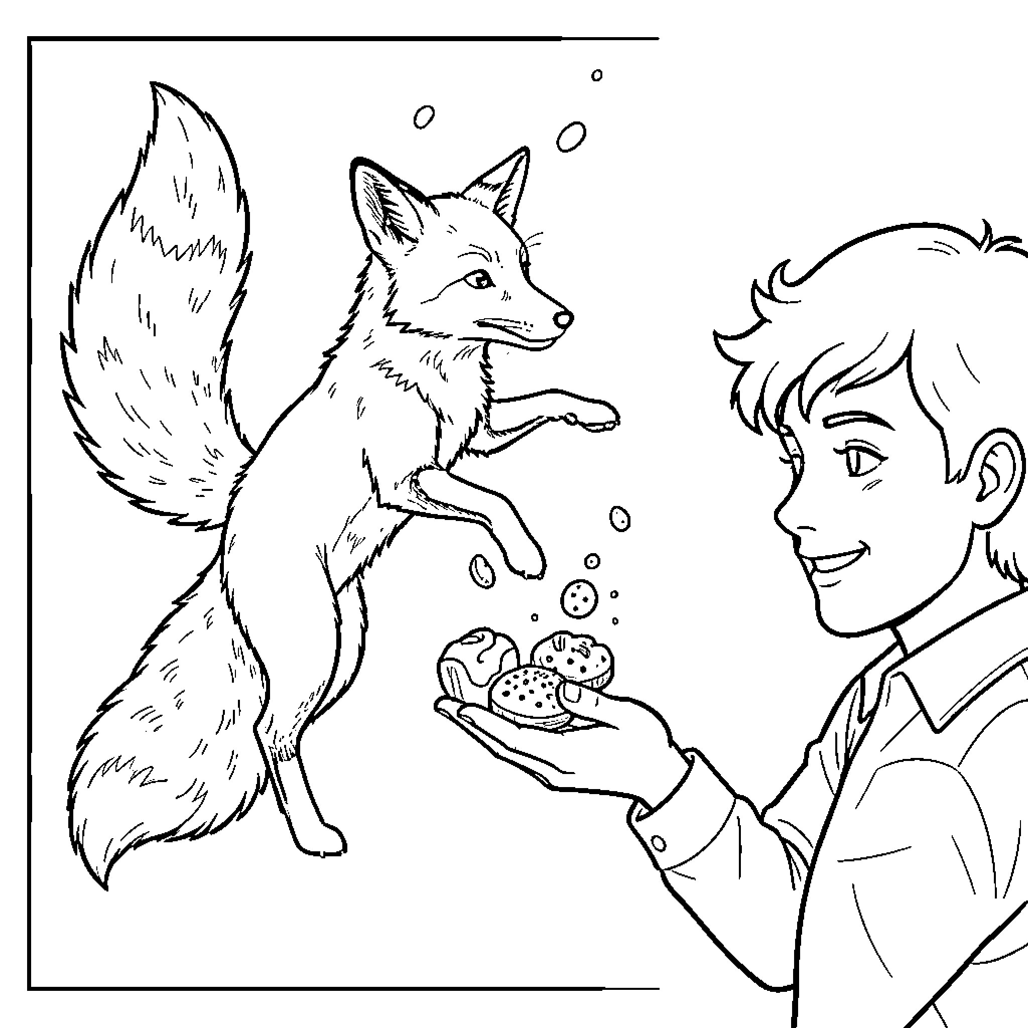 Fox jumping to reach treats held by a boy Coloring Page (free black-and-white line drawing printable PDF for all, from beginners to advanced learners, including children, teens, adults, and seniors)