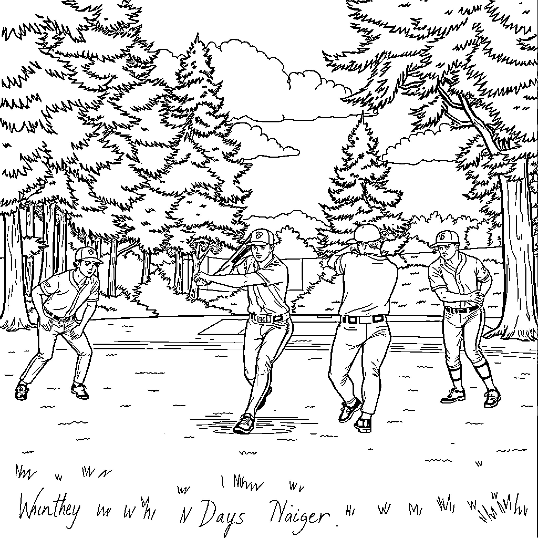 Model of People Playing Sports in a Forest Landscape Coloring Page (free black-and-white line drawing printable PDF for all, from beginners to advanced learners, including children, teens, adults, and seniors)