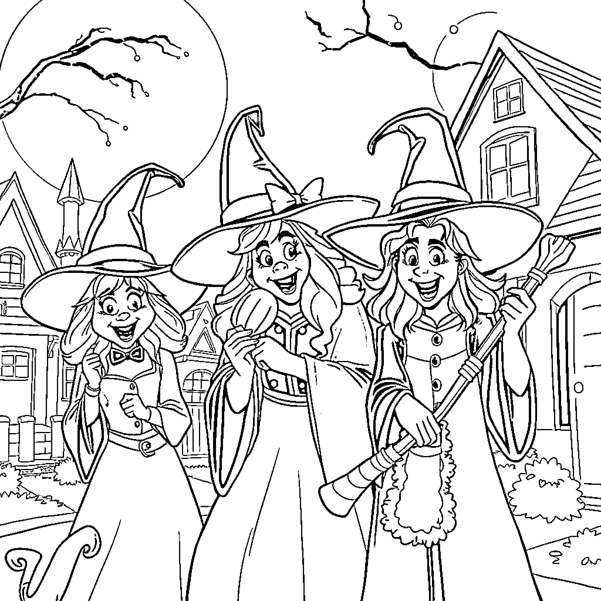 Hocus Pocus: Witches cast spells in eerie neighborhood Coloring Page (free black-and-white line drawing printable PDF for all, from beginners to advanced learners, including children, teens, adults, and seniors)