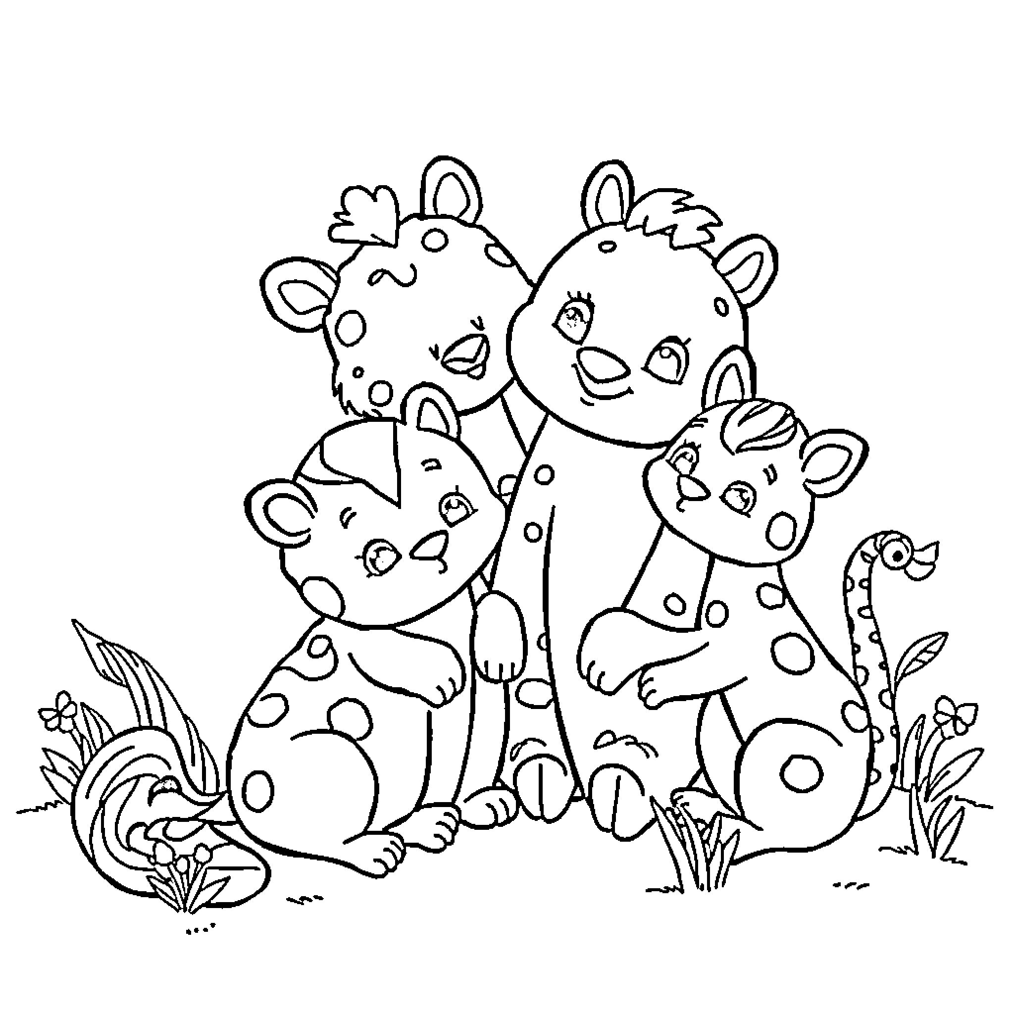 Number Friendly Spotted Creatures in Nature Coloring Page (free black-and-white line drawing printable PDF for all, from beginners to advanced learners, including children, teens, adults, and seniors)
