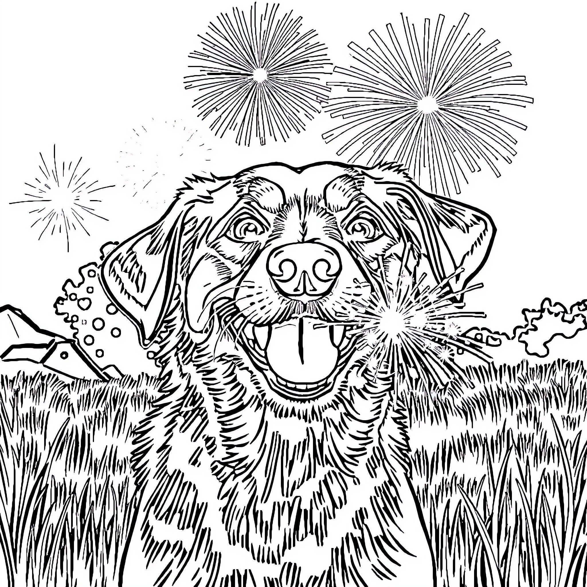 Dog Celebrating with Fireworks Coloring Page (free black-and-white line drawing printable PDF for all, from beginners to advanced learners, including children, teens, adults, and seniors)