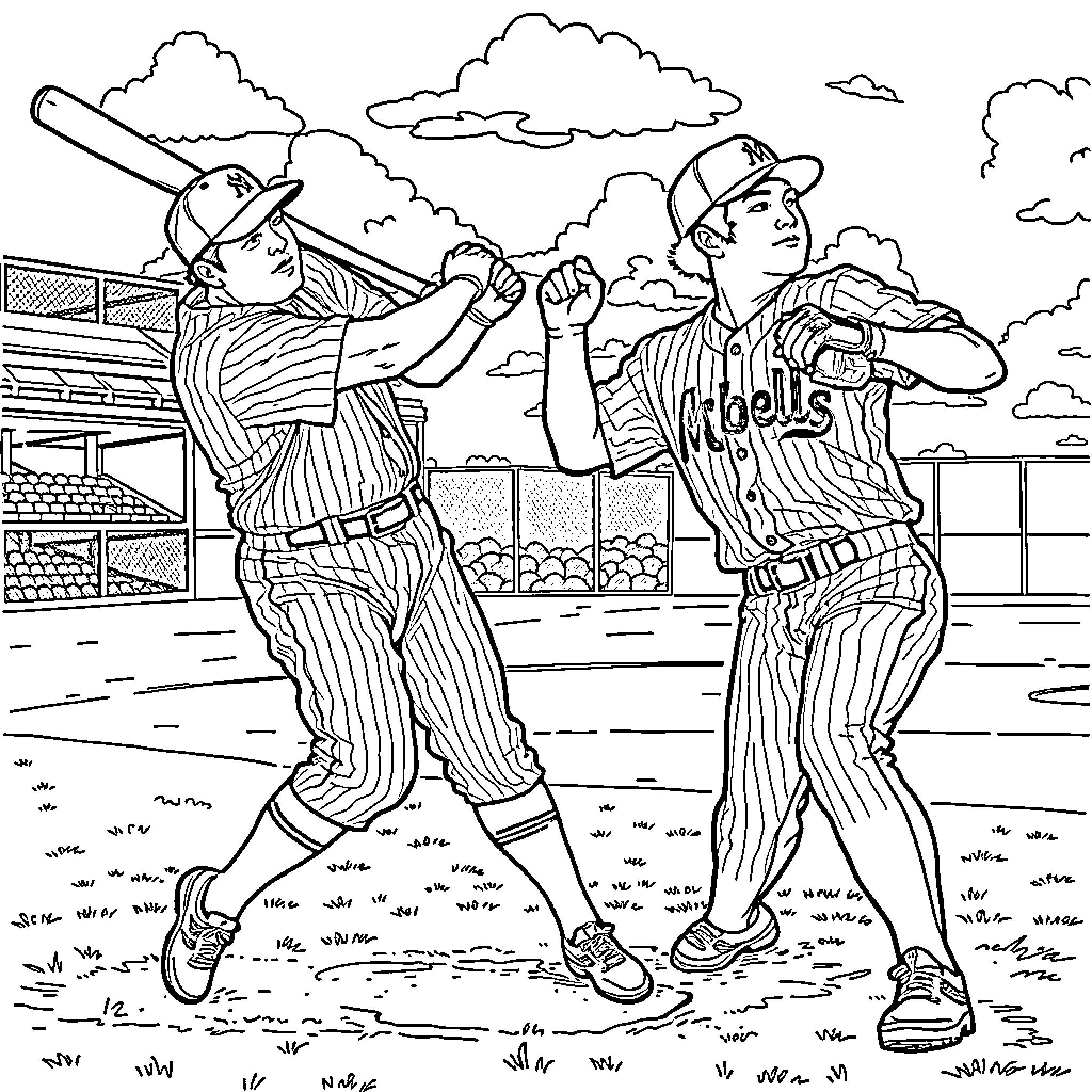 Babe Ruth baseball players in action on the field Coloring Page (free black-and-white line drawing printable PDF for all, from beginners to advanced learners, including children, teens, adults, and seniors)