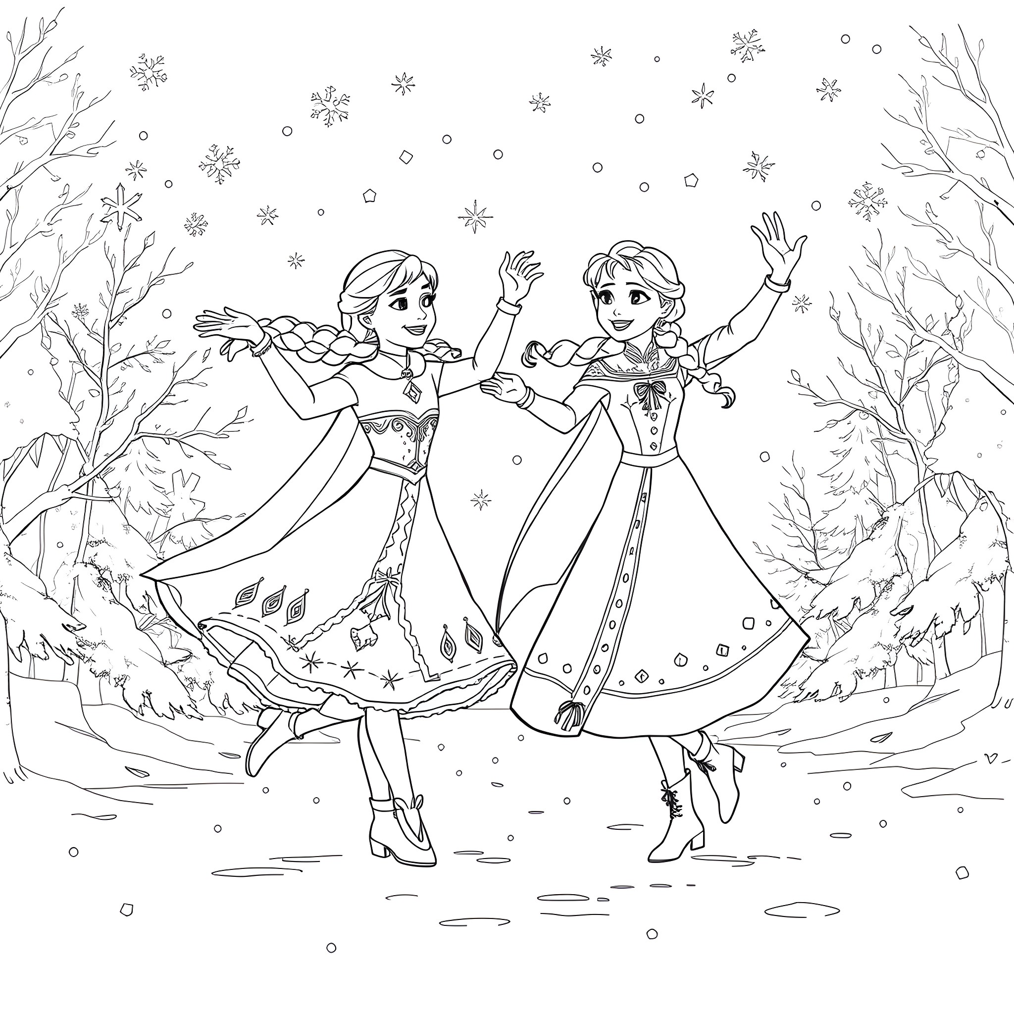Elsa and Anna dancing in winter wonderland Coloring Page (free black-and-white line drawing printable PDF for all, from beginners to advanced learners, including children, teens, adults, and seniors)