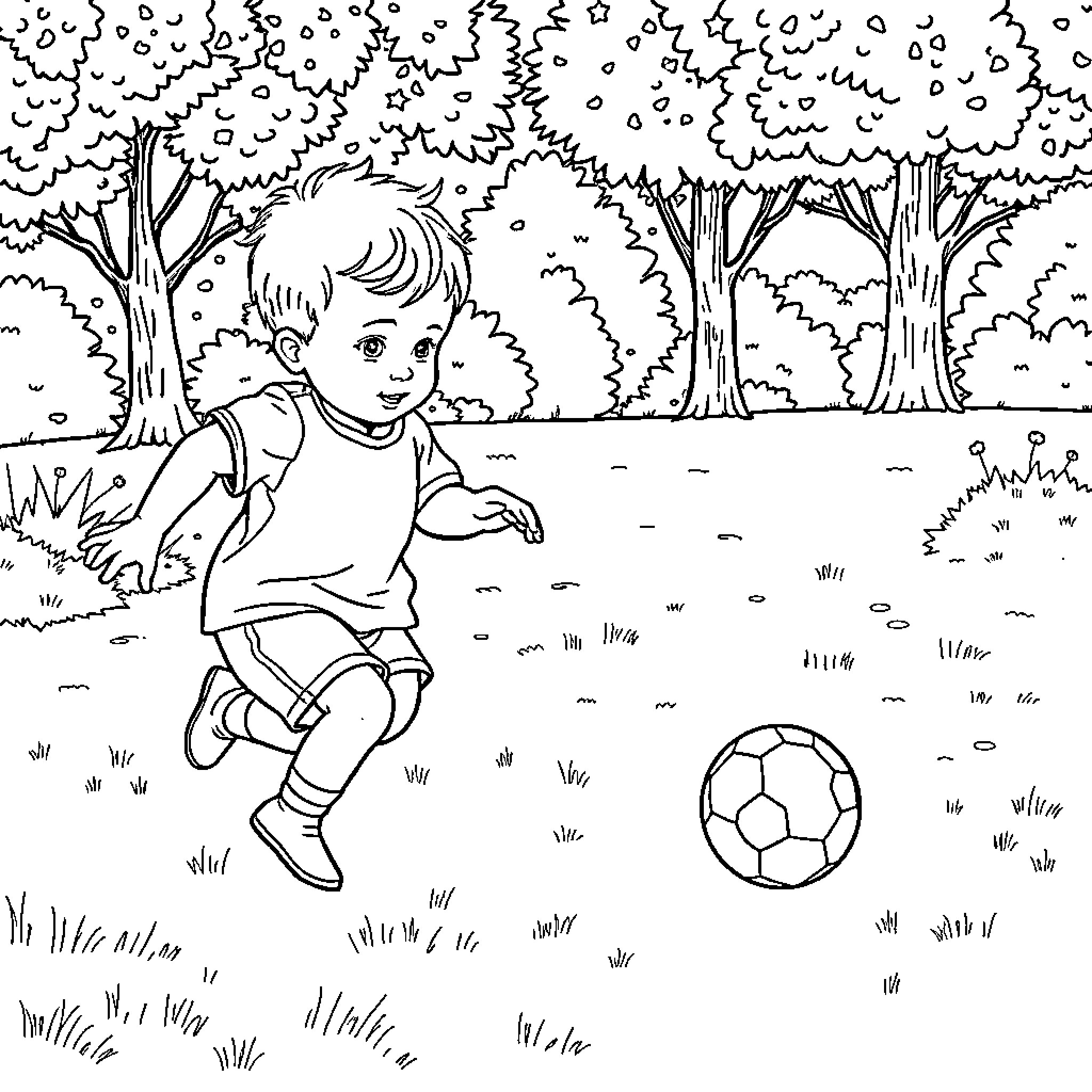 Baby running and playing with a soccer ball Coloring Page (free black-and-white line drawing printable PDF for all, from beginners to advanced learners, including children, teens, adults, and seniors)