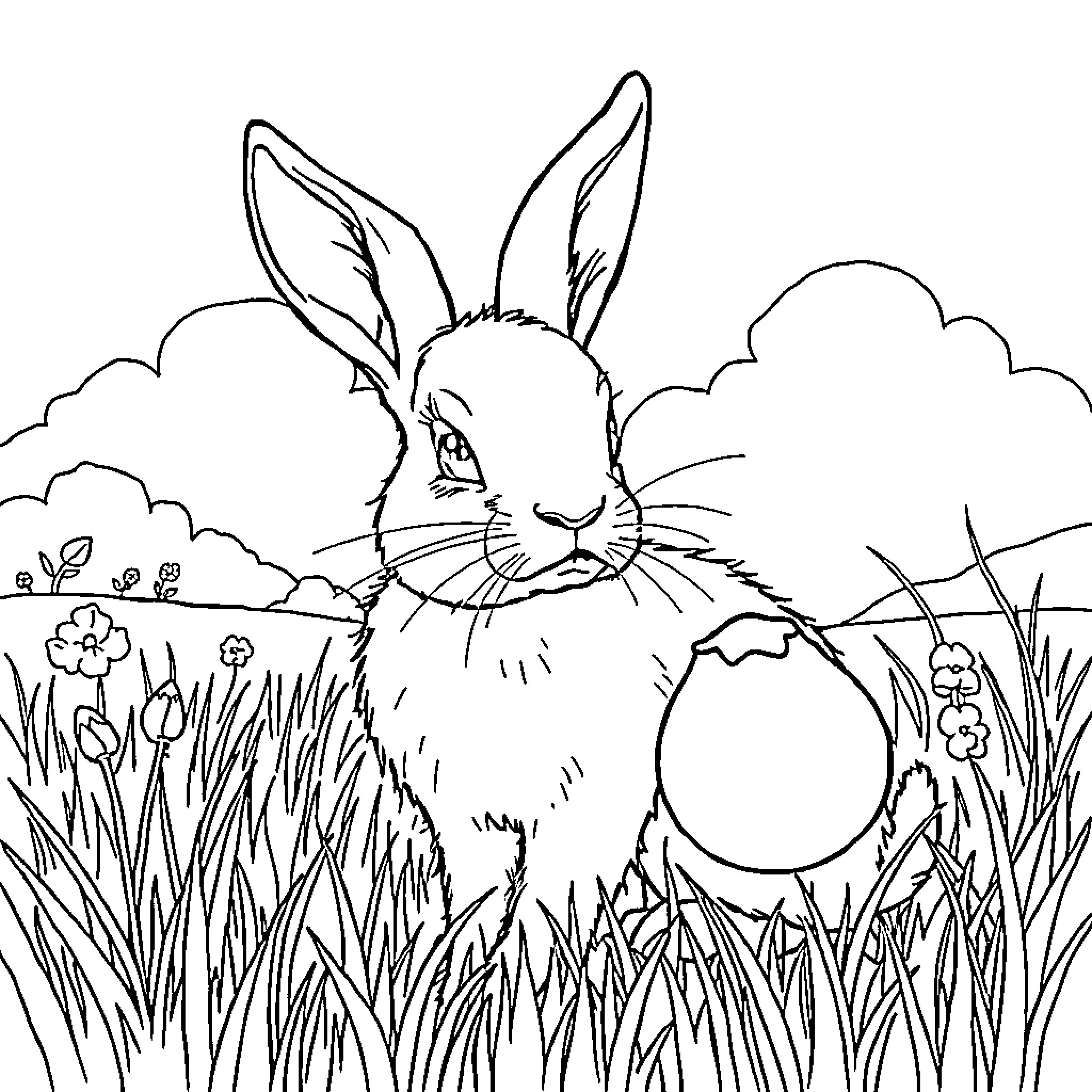 Rabbit in a grassy meadow Coloring Page (free black-and-white line drawing printable PDF for all, from beginners to advanced learners, including children, teens, adults, and seniors)