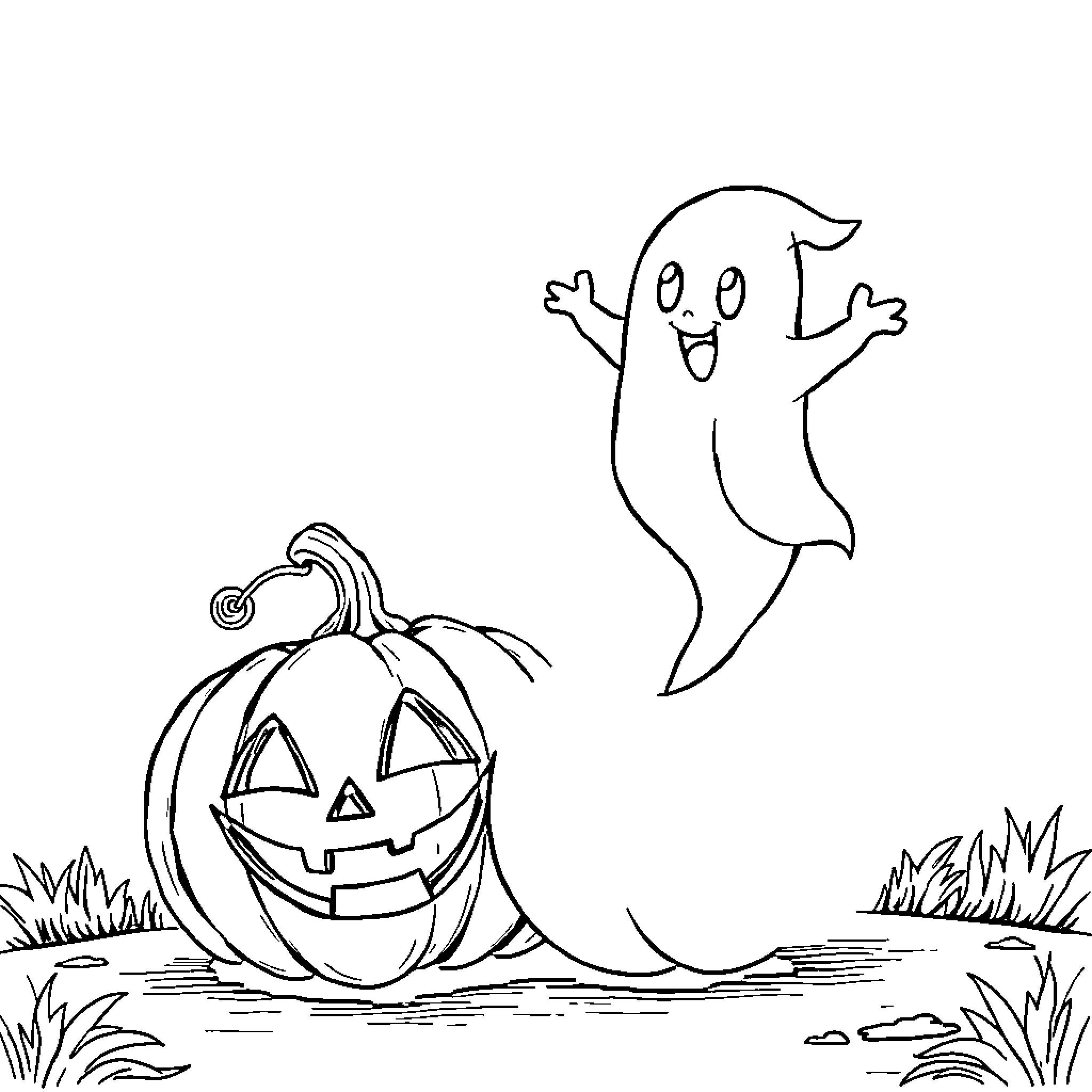 Ghost playing cheerfully near jack-o'-lantern Coloring Page (free black-and-white line drawing printable PDF for all, from beginners to advanced learners, including children, teens, adults, and seniors)