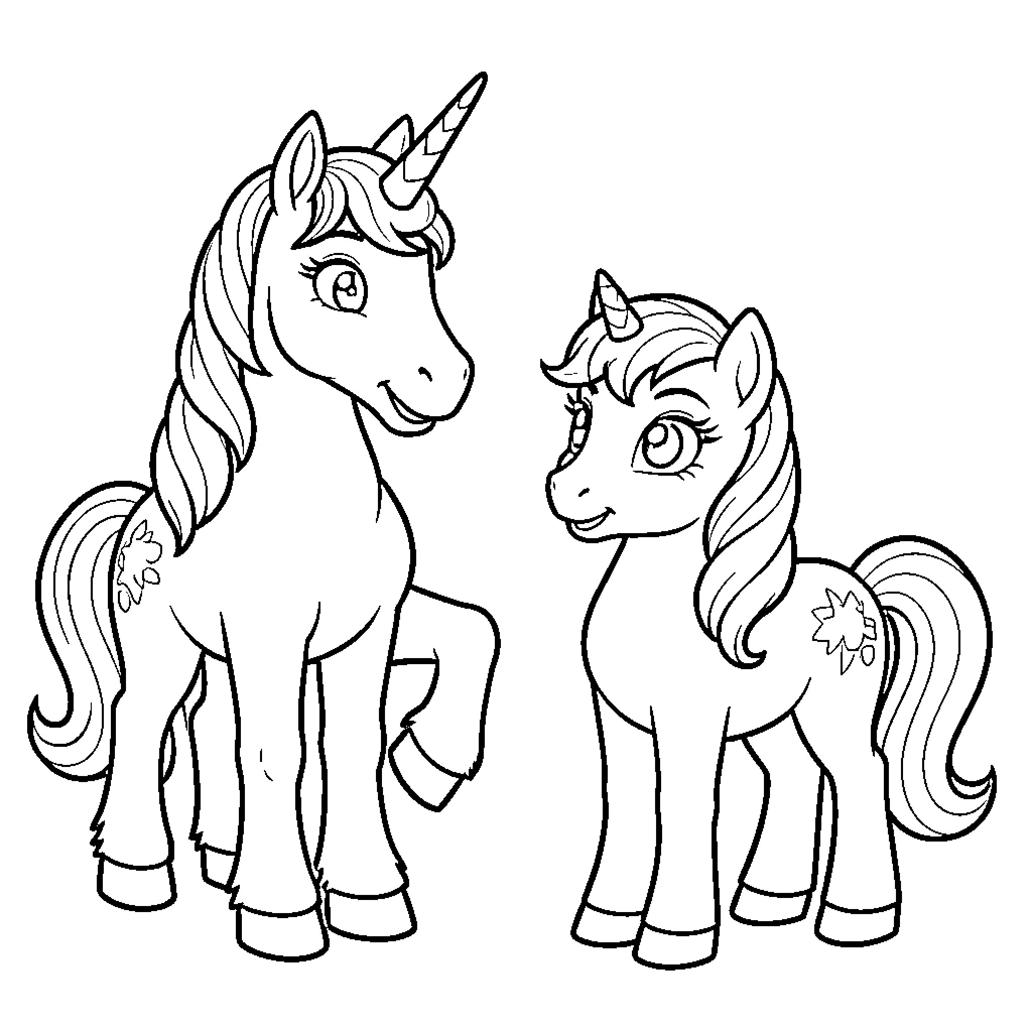 Licorne standing gracefully next to a smaller companion Coloring Page (free black-and-white line drawing printable PDF for all, from beginners to advanced learners, including children, teens, adults, and seniors)