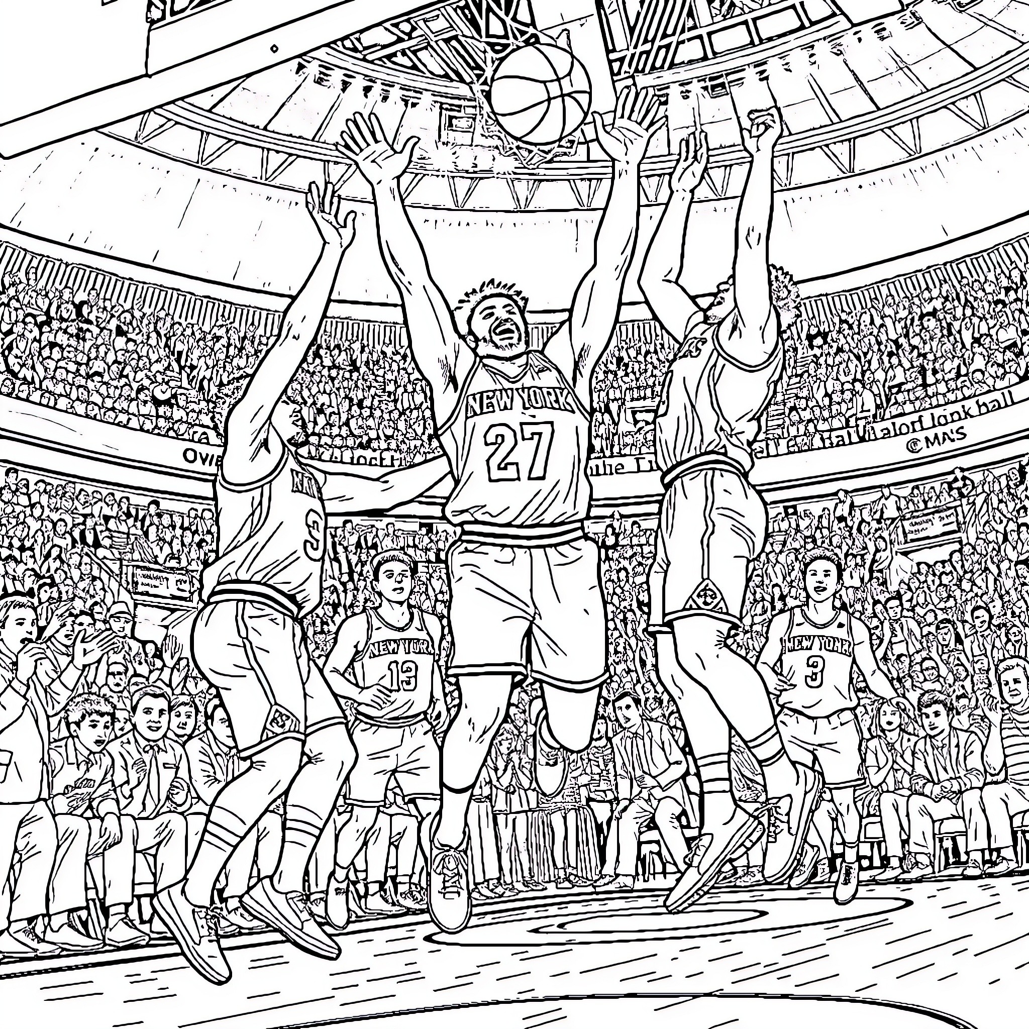 Jalen Brunson leading his team to victory on the basketball court Coloring Page (free black-and-white line drawing printable PDF for all, from beginners to advanced learners, including children, teens, adults, and seniors)