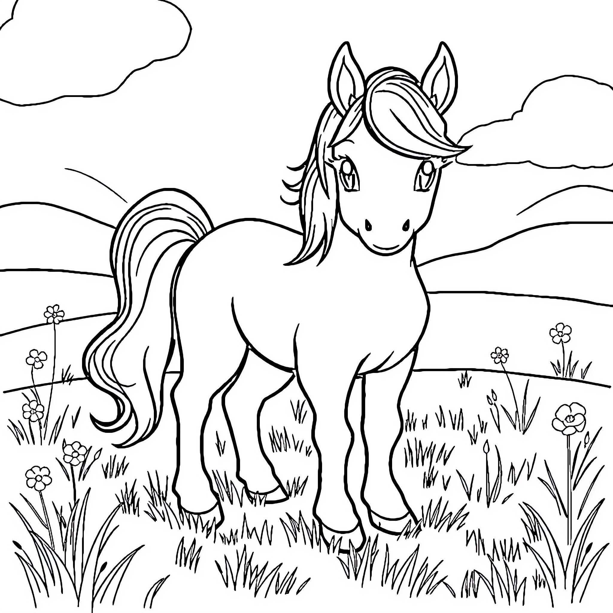 Pony standing peacefully in a grassy field Coloring Page (free black-and-white line drawing printable PDF for all, from beginners to advanced learners, including children, teens, adults, and seniors)
