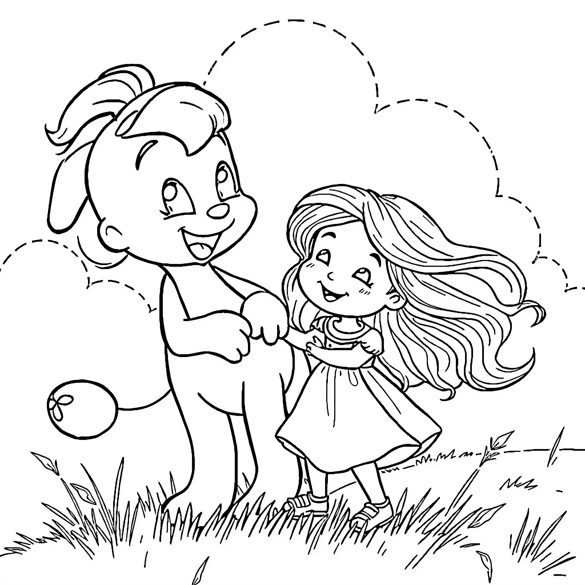 Bluey and friend playing happily in the park Coloring Page (free black-and-white line drawing printable PDF for all, from beginners to advanced learners, including children, teens, adults, and seniors)