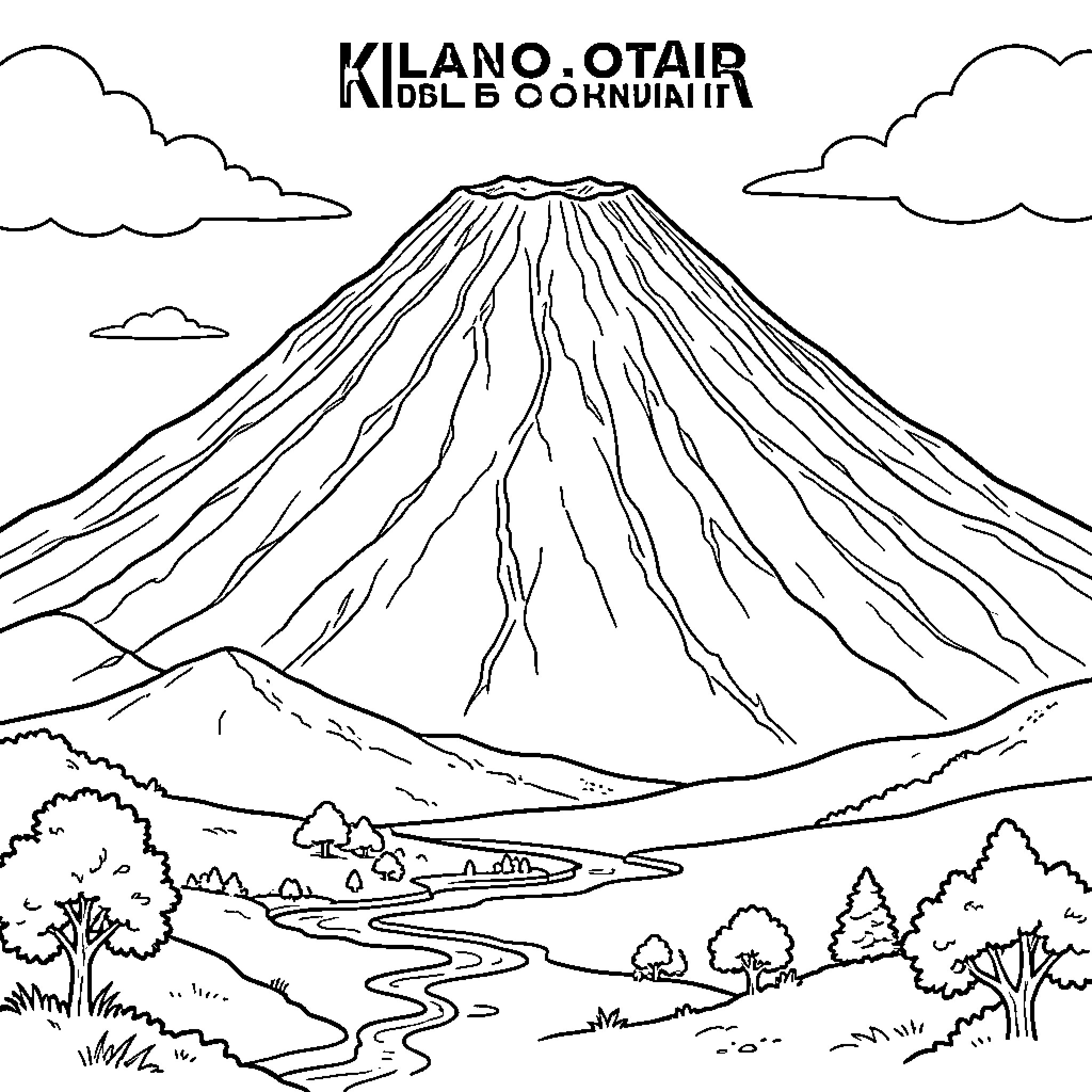 Kilimanjaro rising above a peaceful valley landscape Coloring Page (free black-and-white line drawing printable PDF for all, from beginners to advanced learners, including children, teens, adults, and seniors)