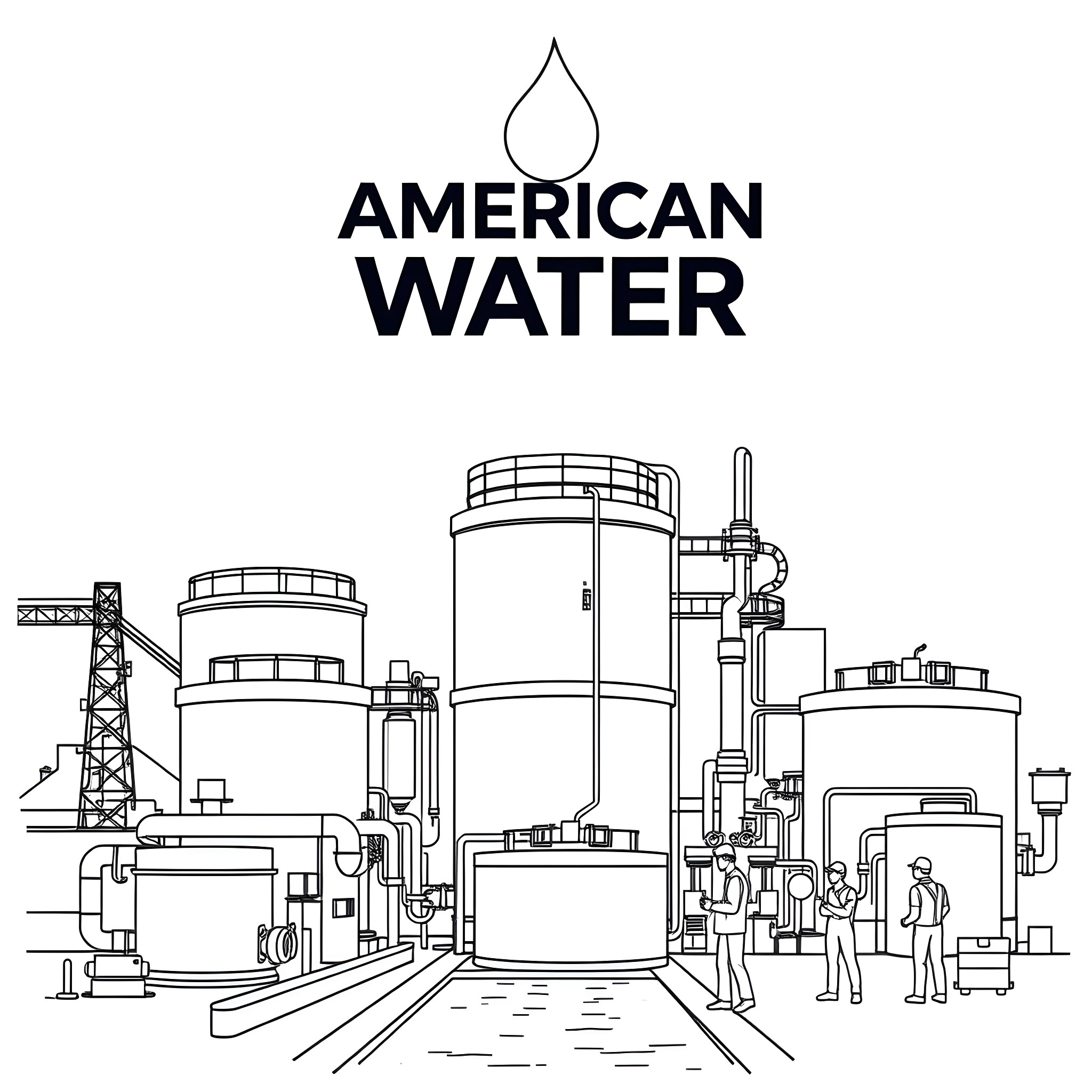 Water treatment plant with workers Coloring Page (free black-and-white line drawing printable PDF for all, from beginners to advanced learners, including children, teens, adults, and seniors)