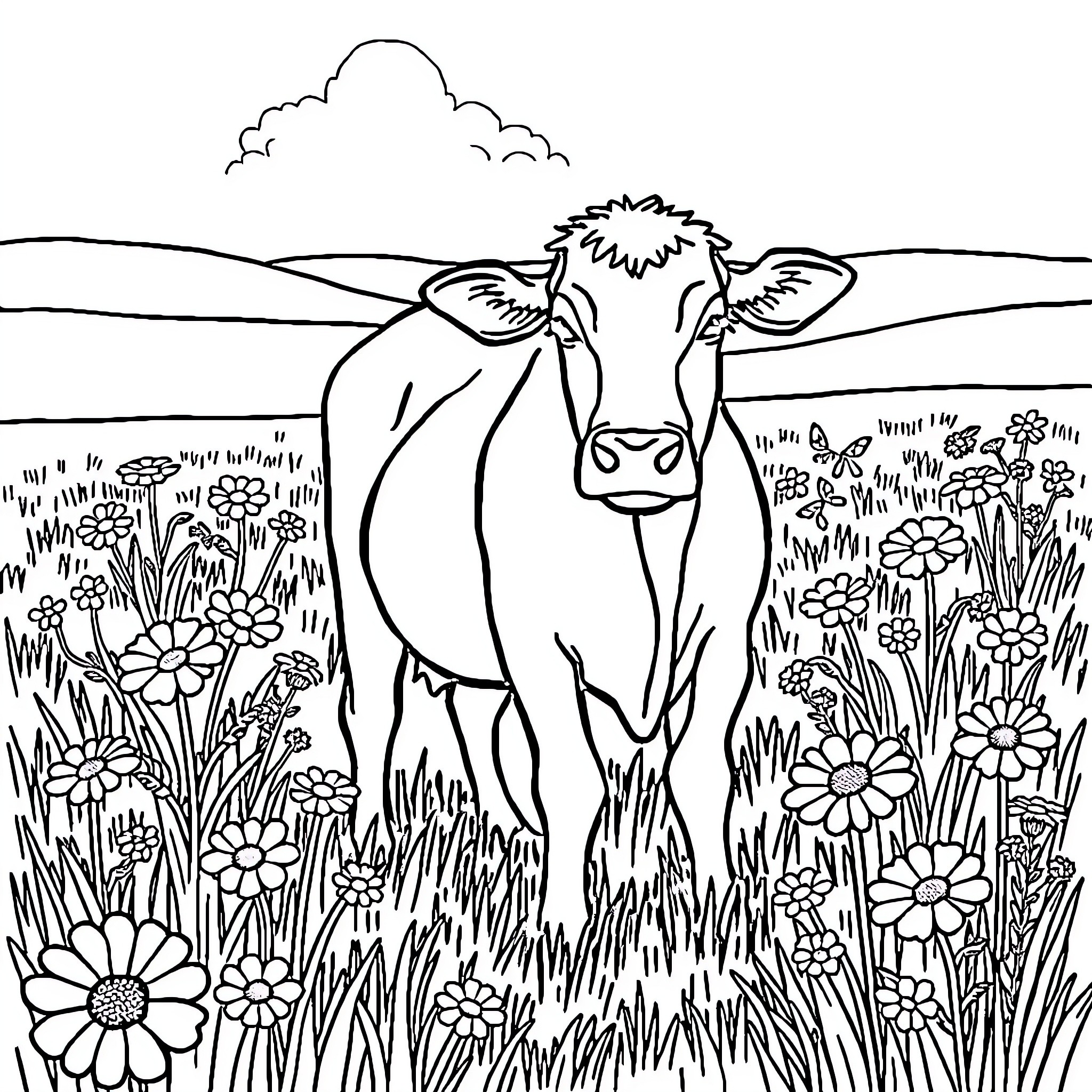 Cow relaxing in a flowery field Coloring Page (free black-and-white line drawing printable PDF for all, from beginners to advanced learners, including children, teens, adults, and seniors)