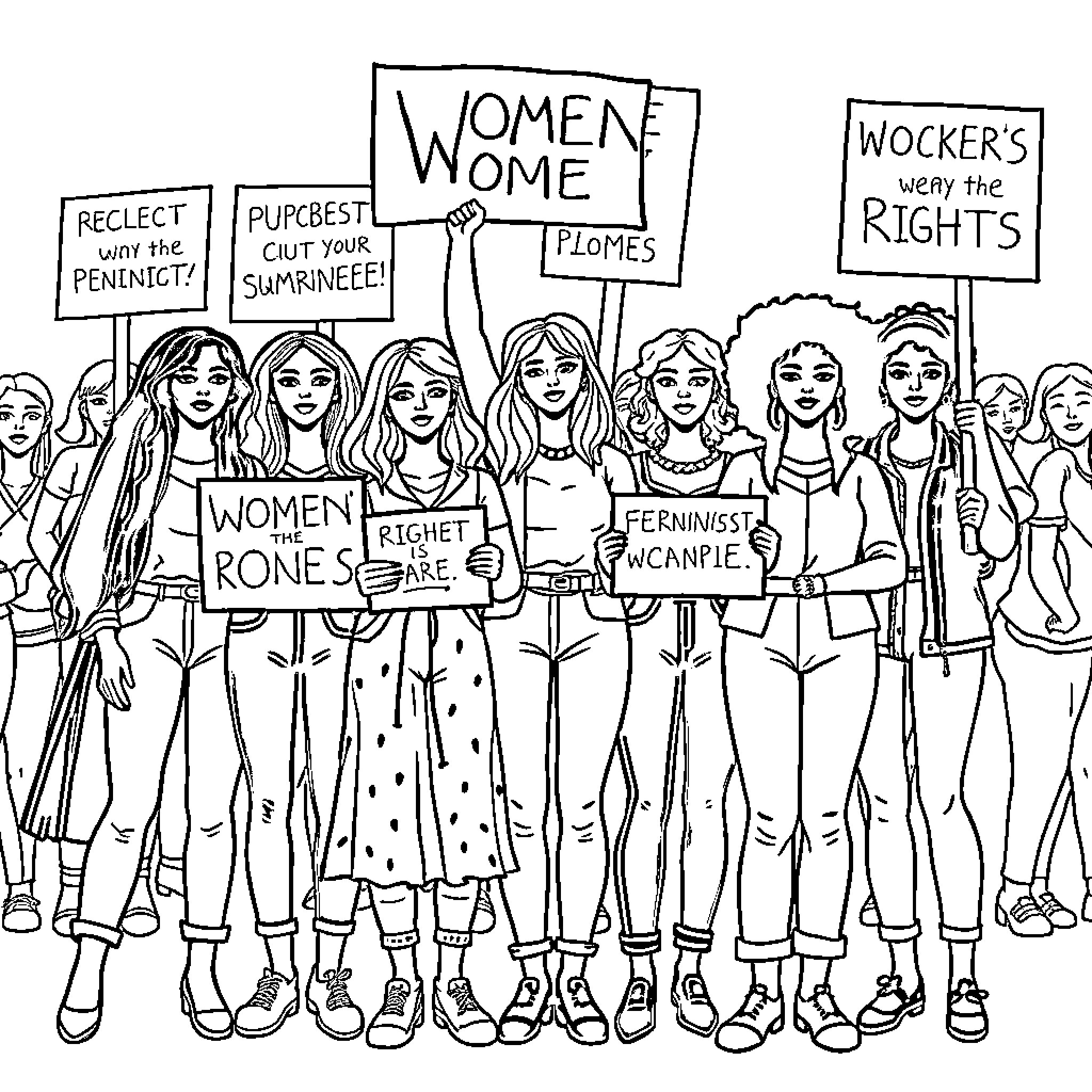 Feminist protest for women's rights and equality Coloring Page (free black-and-white line drawing printable PDF for all, from beginners to advanced learners, including children, teens, adults, and seniors)