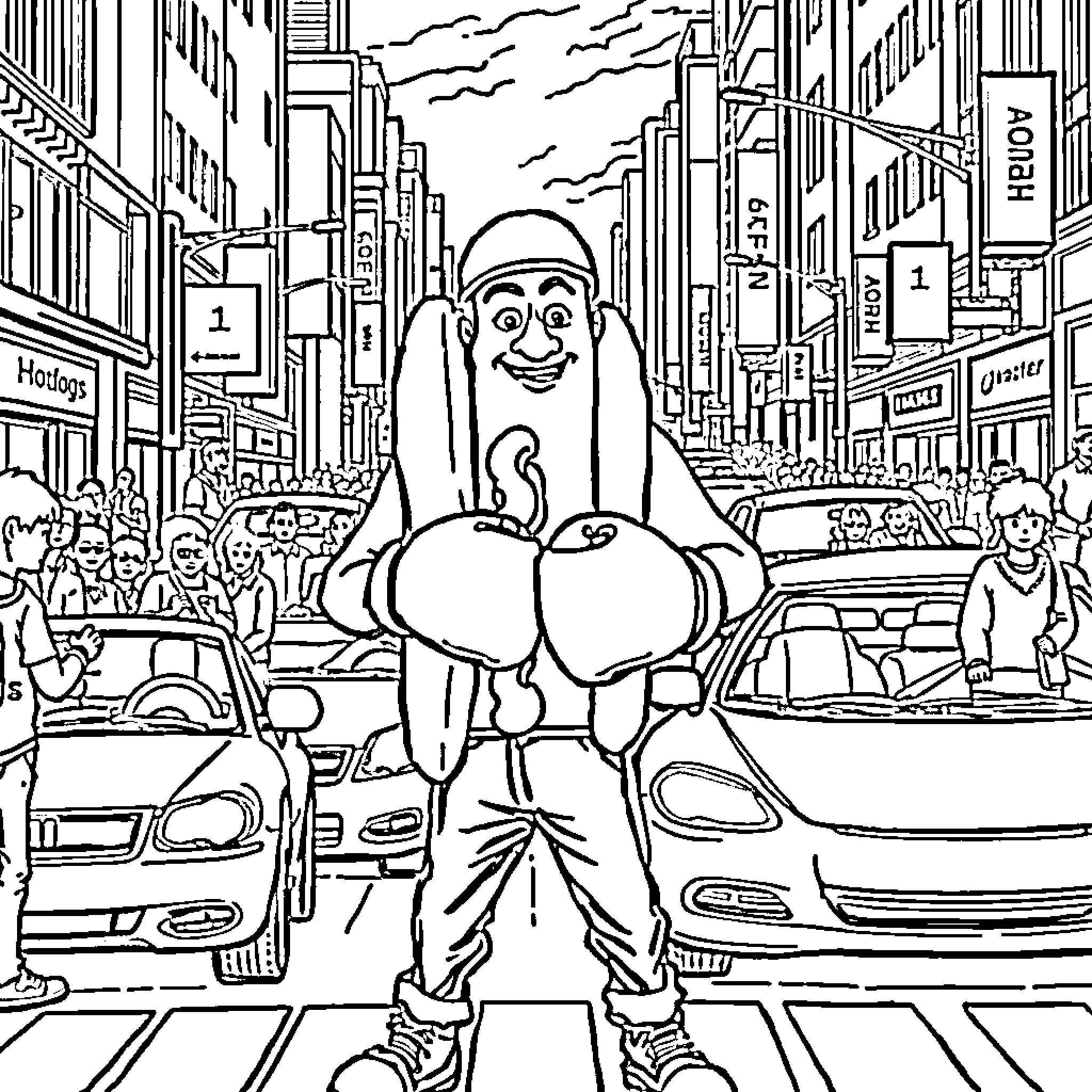 Hotdog Man Selling Snacks in a Busy City Street Coloring Page (free black-and-white line drawing printable PDF for all, from beginners to advanced learners, including children, teens, adults, and seniors)