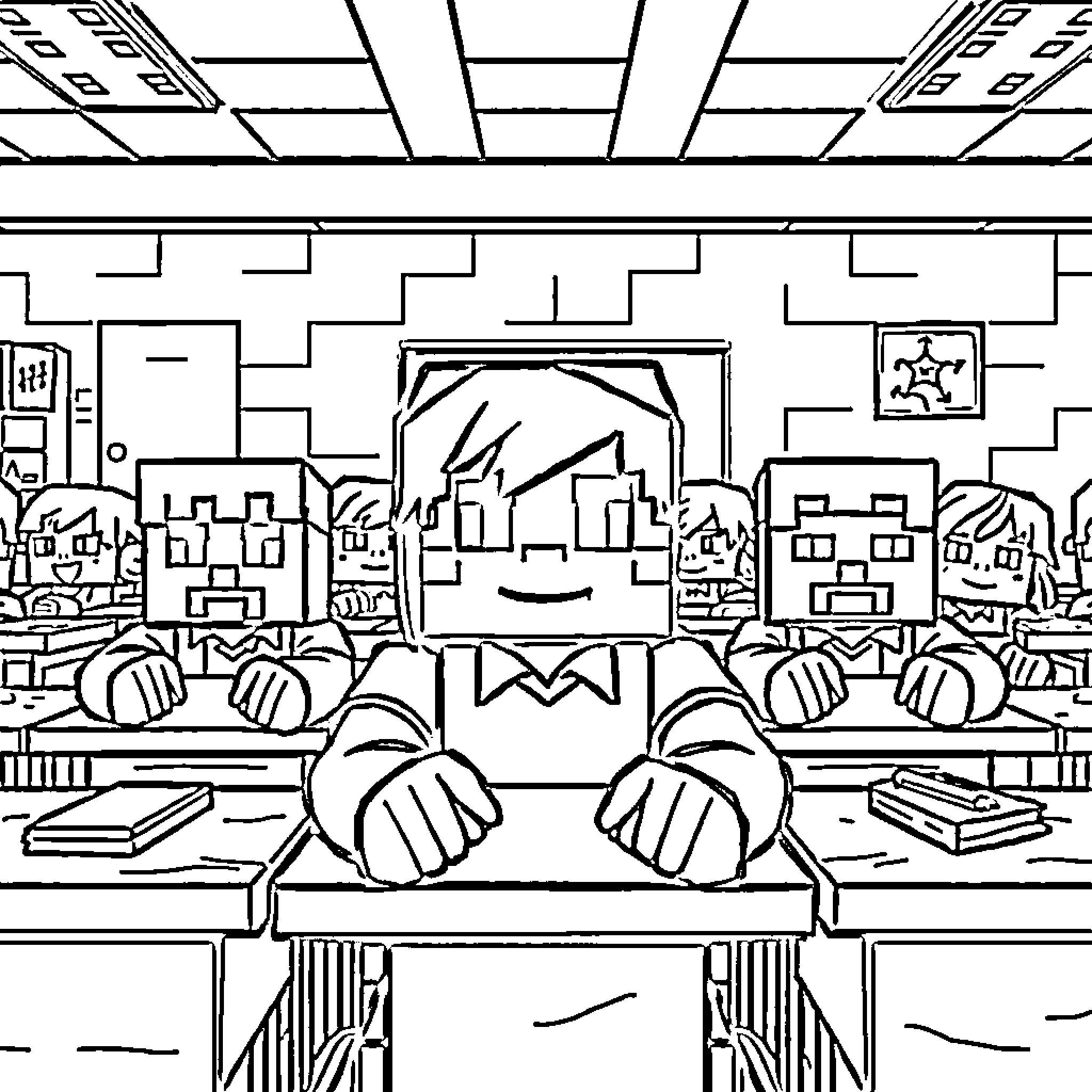 Minecraft Character Relaxing in Classroom Coloring Page (free black-and-white line drawing printable PDF for all, from beginners to advanced learners, including children, teens, adults, and seniors)