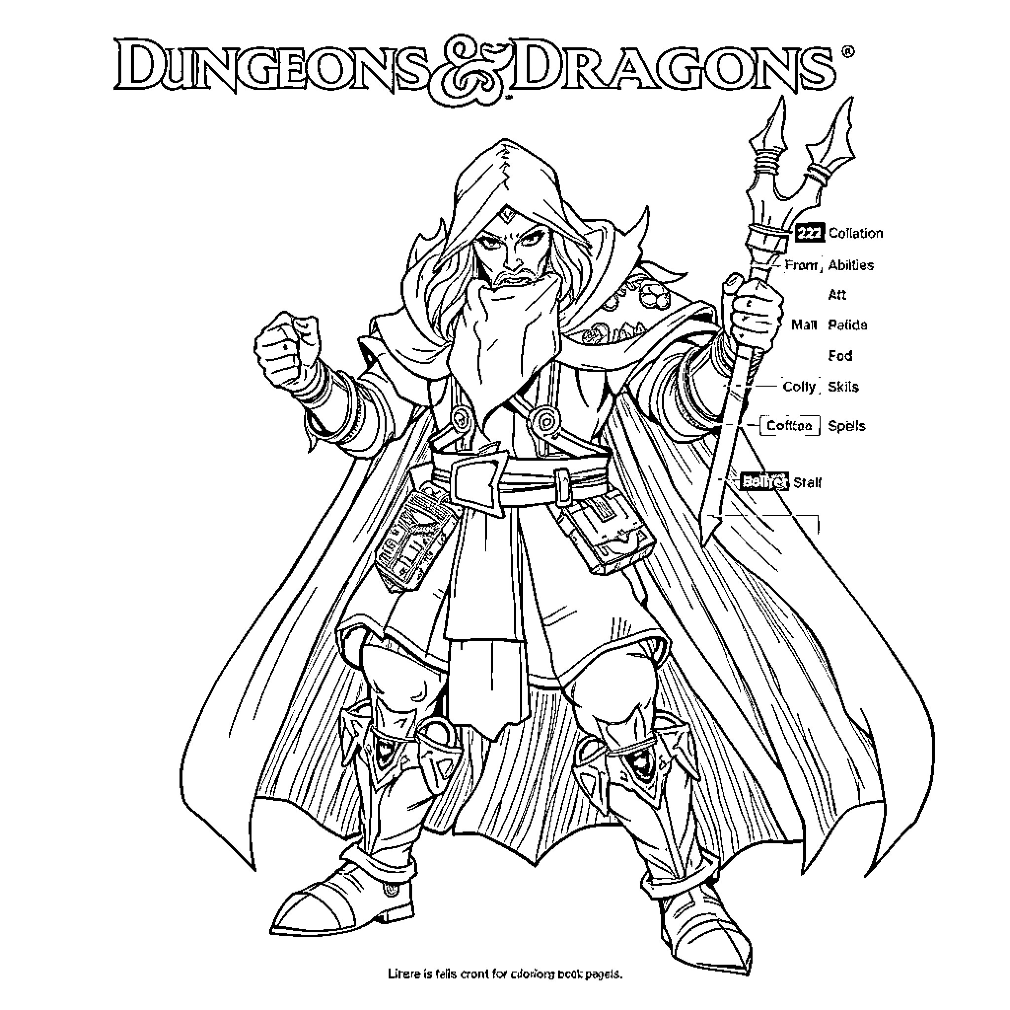 Character Sheet of a Fantasy Warrior with Gear and Weapons Coloring Page (free black-and-white line drawing printable PDF for all, from beginners to advanced learners, including children, teens, adults, and seniors)