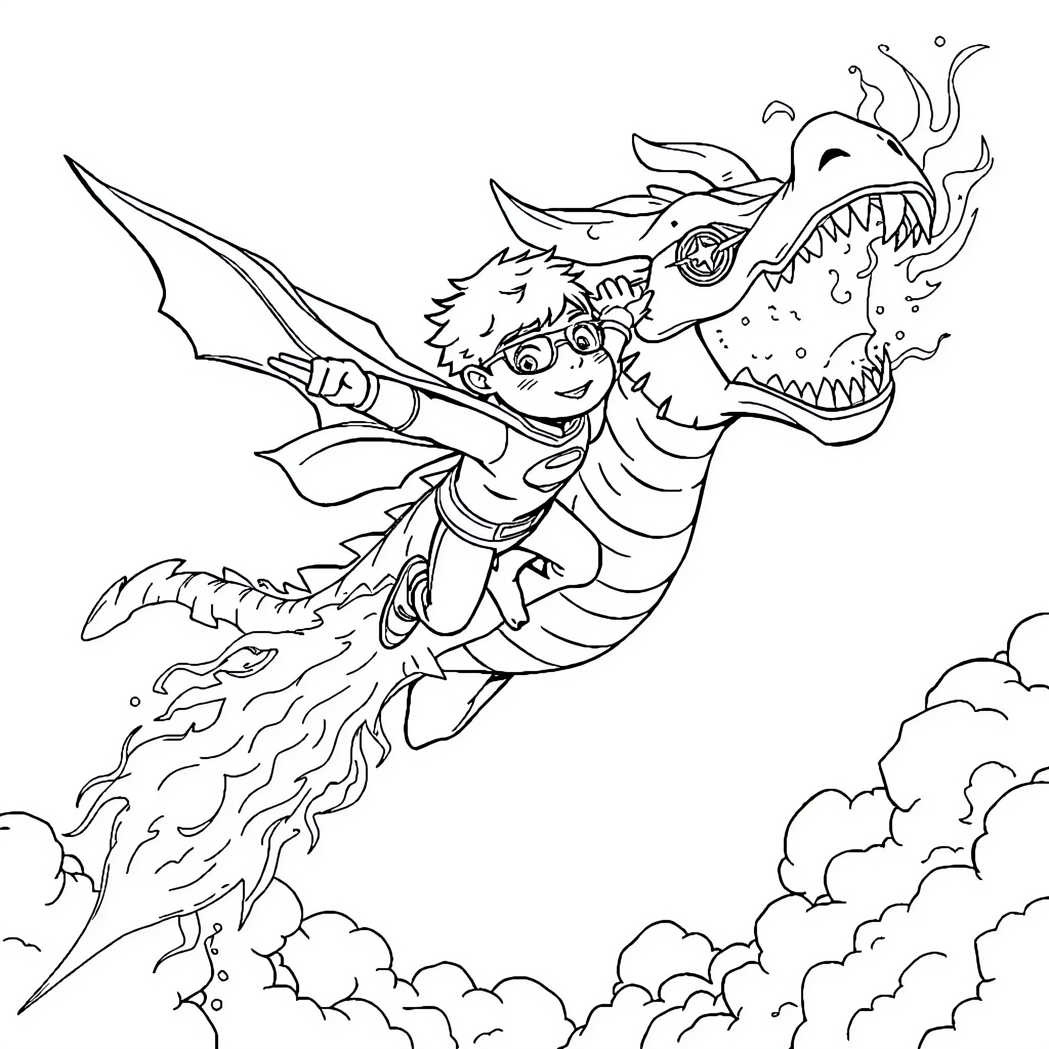 Kid battling a fierce dragon in the sky Coloring Page (free black-and-white line drawing printable PDF for all, from beginners to advanced learners, including children, teens, adults, and seniors)