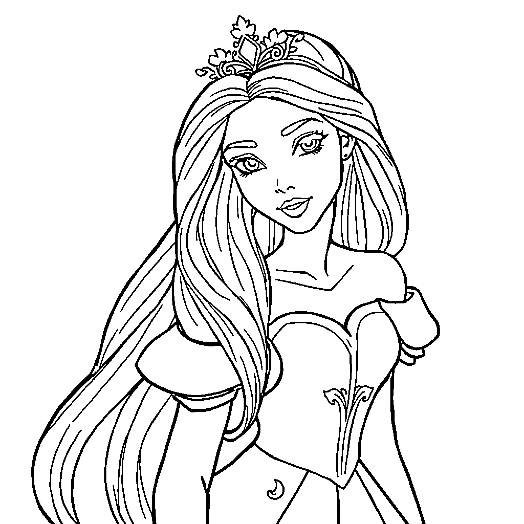 Princess in a Flowing Gown Coloring Page (free black-and-white line drawing printable PDF for all, from beginners to advanced learners, including children, teens, adults, and seniors)
