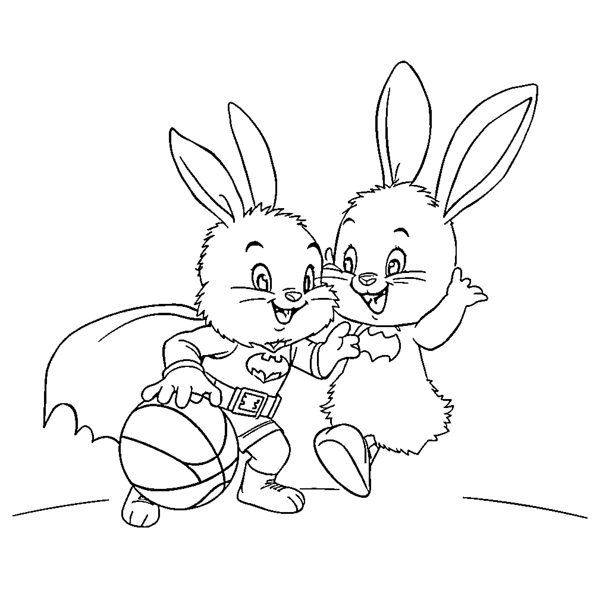 Bunny friends having a fun adventure Coloring Page (free black-and-white line drawing printable PDF for all, from beginners to advanced learners, including children, teens, adults, and seniors)