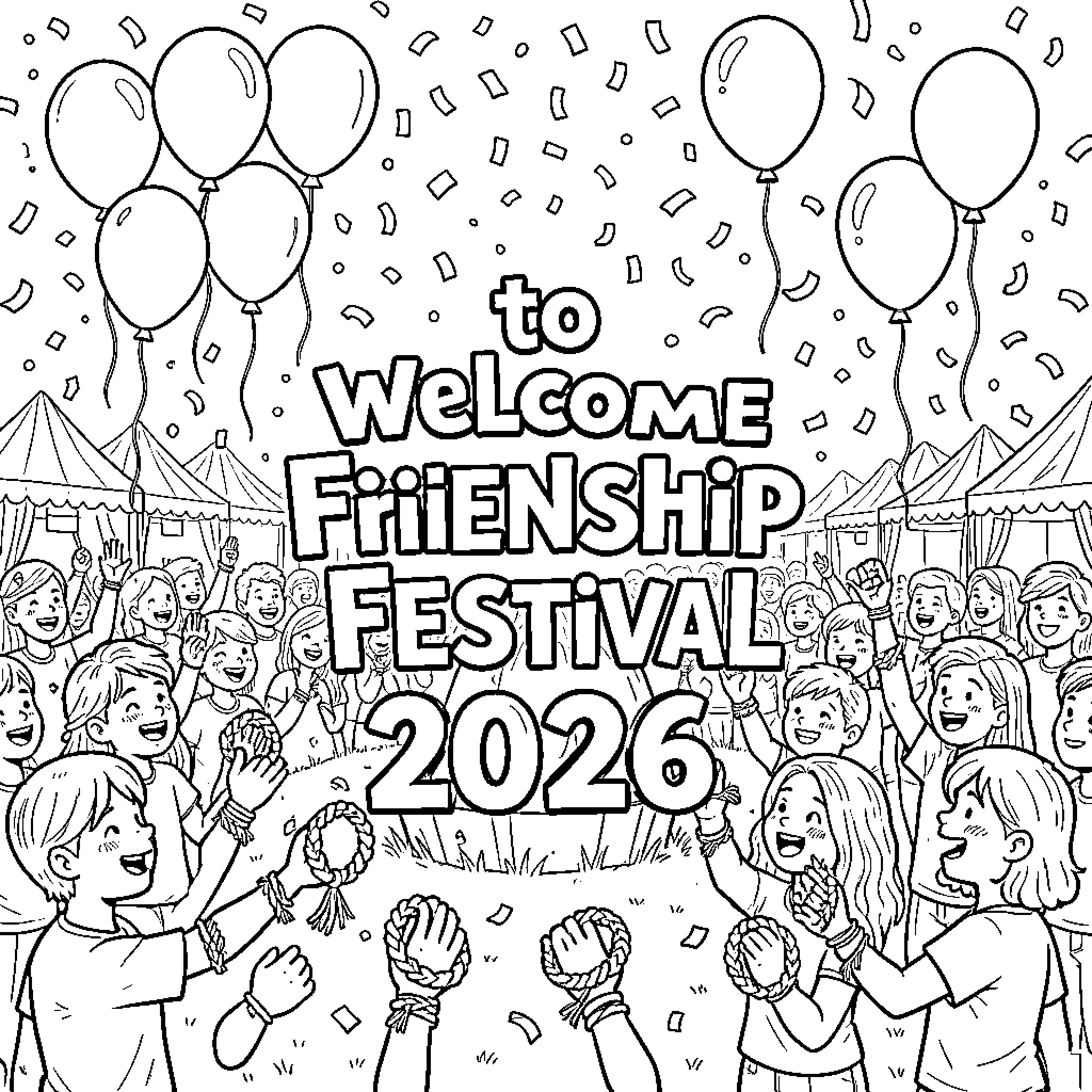 Friendship celebration with joyful children and balloons Coloring Page (free black-and-white line drawing printable PDF for all, from beginners to advanced learners, including children, teens, adults, and seniors)