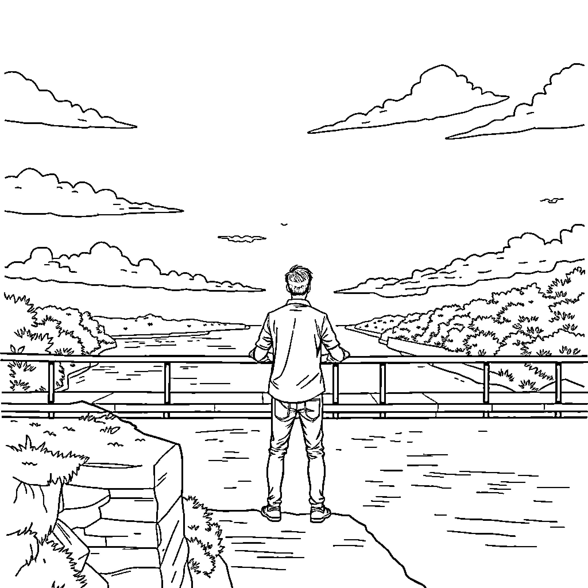 Man standing on a boardwalk overlooking a scenic landscape Coloring Page (free black-and-white line drawing printable PDF for all, from beginners to advanced learners, including children, teens, adults, and seniors)