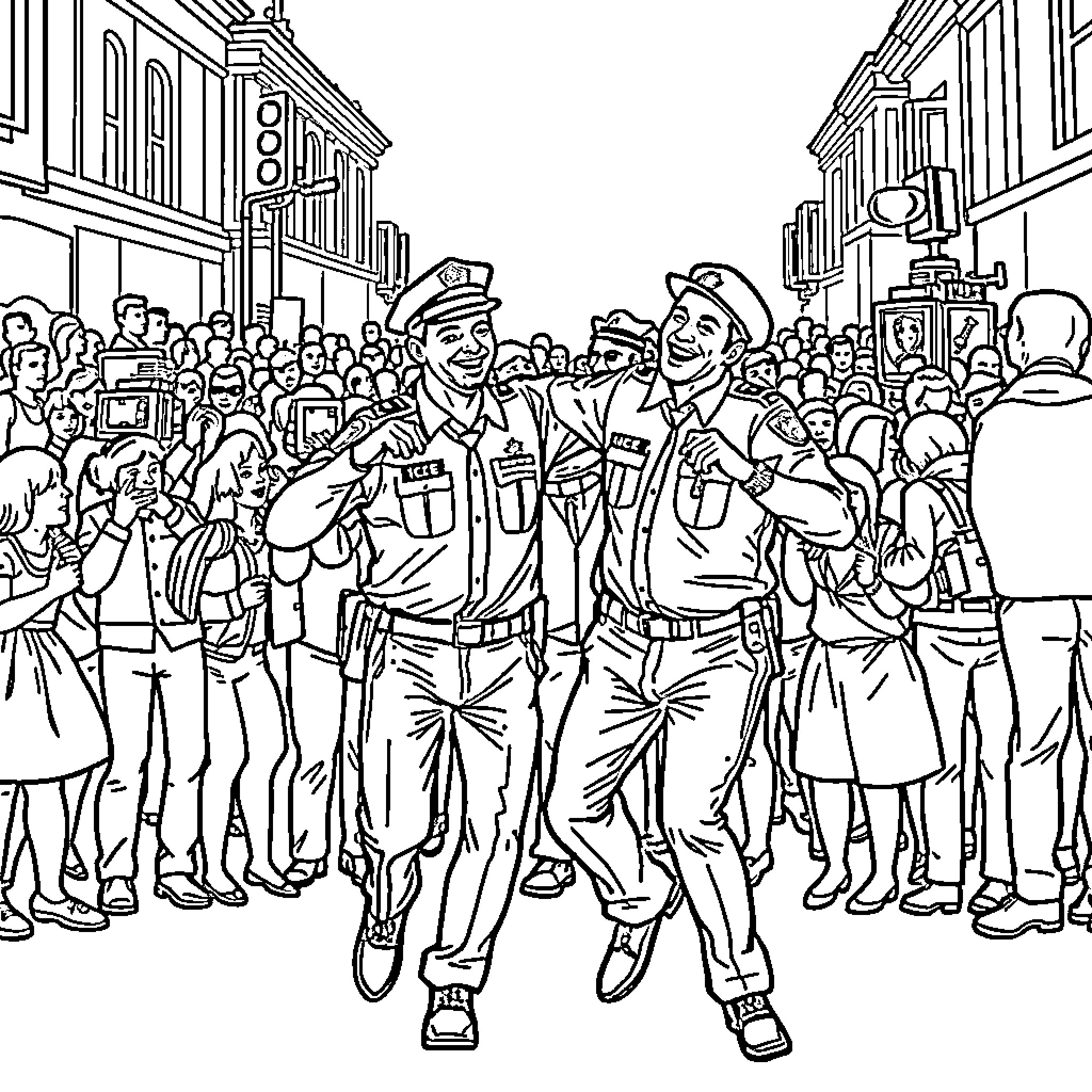 Ice Agent Officers Patrolling a Crowded Street Coloring Page (free black-and-white line drawing printable PDF for all, from beginners to advanced learners, including children, teens, adults, and seniors)