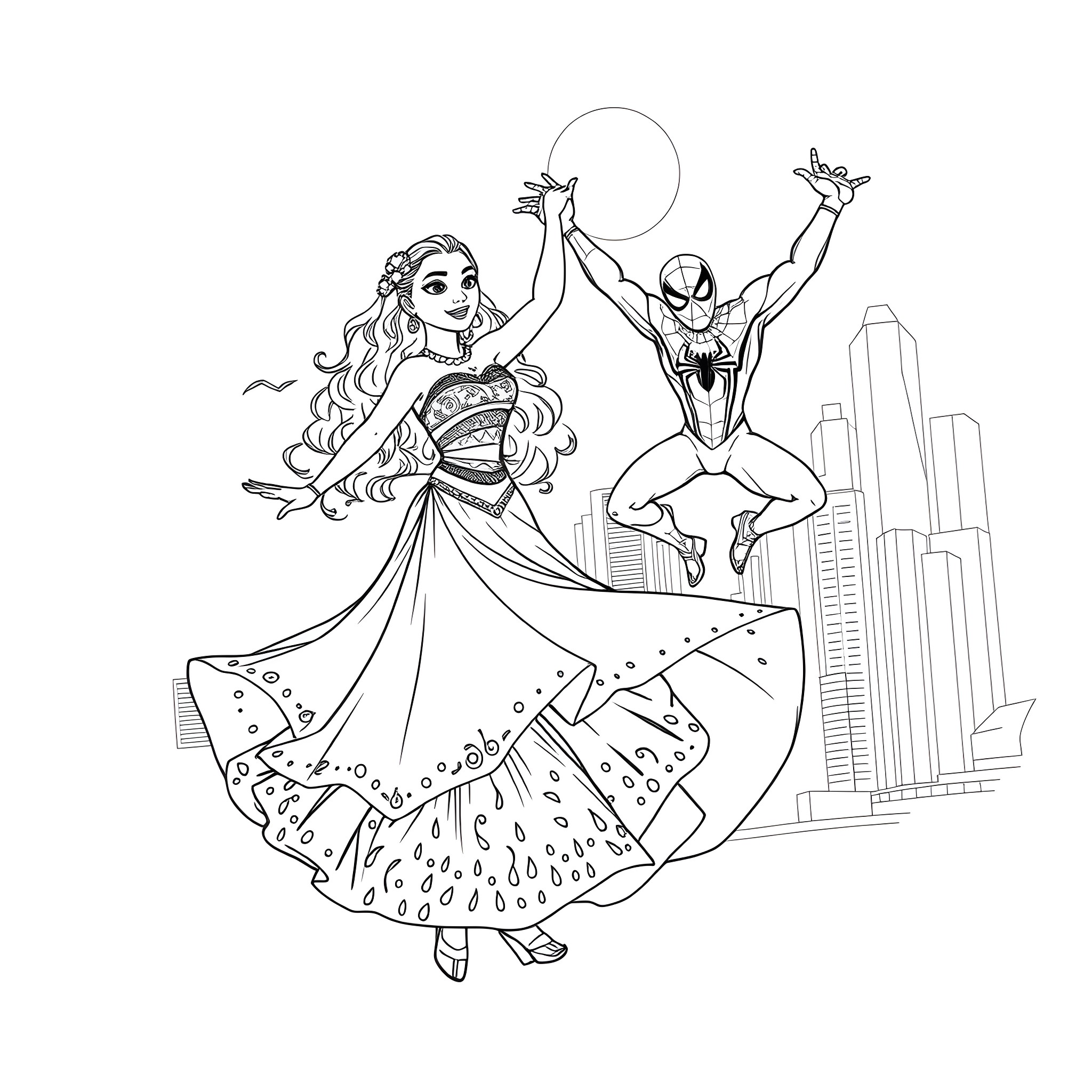 Moana and Spiderman explore the city together Coloring Page (free black-and-white line drawing printable PDF for all, from beginners to advanced learners, including children, teens, adults, and seniors)