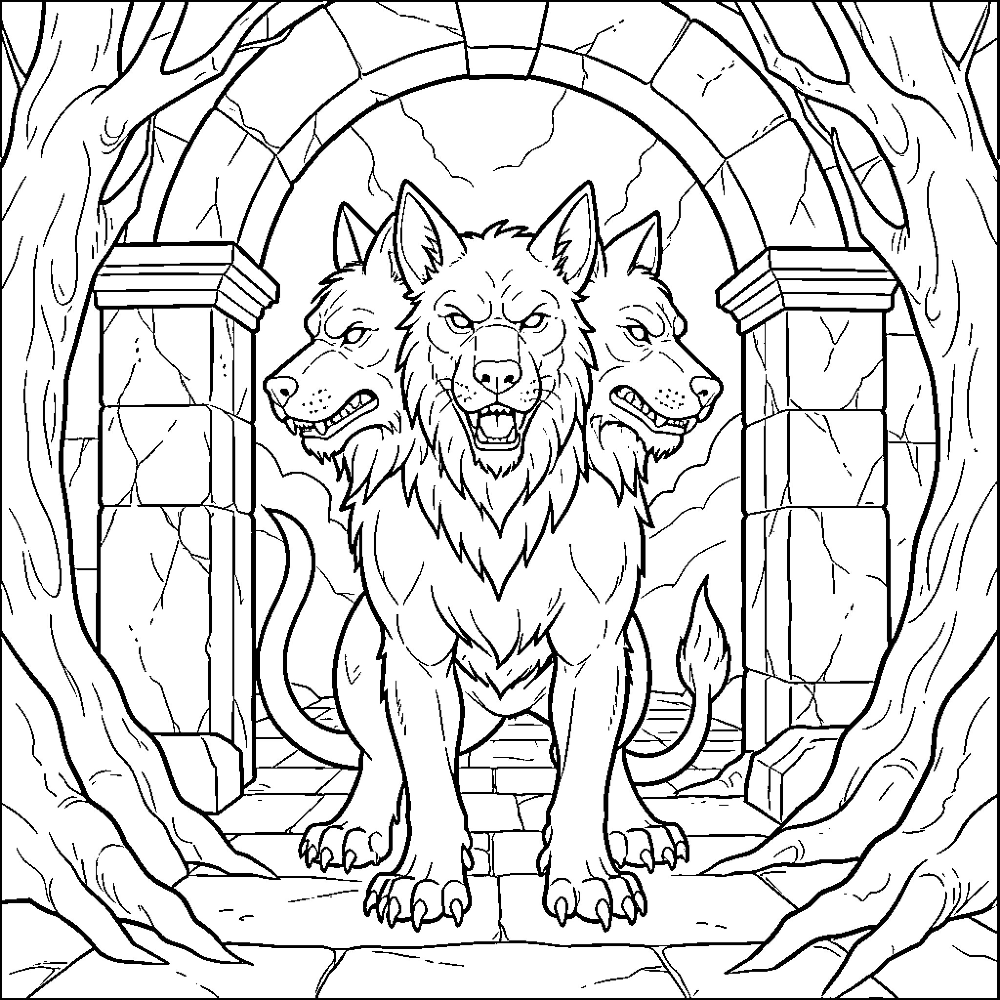 Cerberus guarding an ancient stone gateway with fierce expressions Coloring Page (free black-and-white line drawing printable PDF for all, from beginners to advanced learners, including children, teens, adults, and seniors)