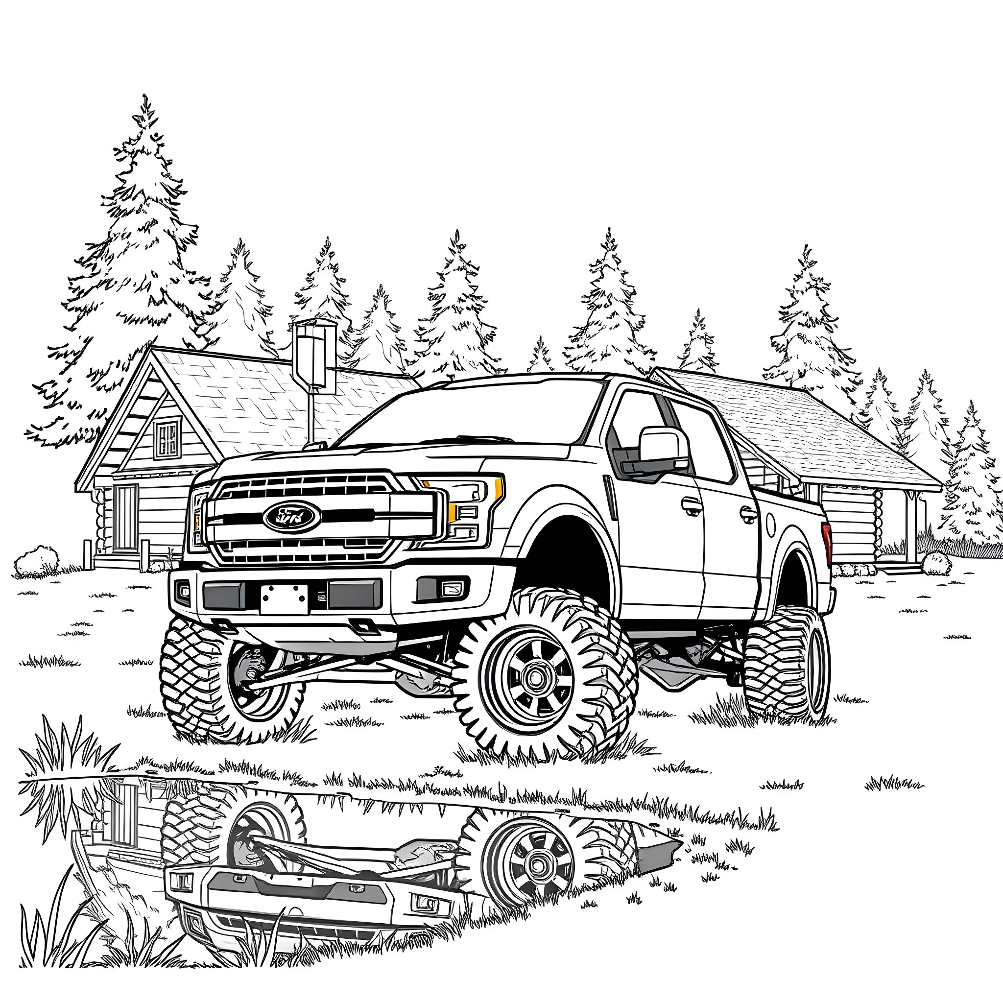 Truck Traversing Through Rugged Terrain Near Cabin Coloring Page (free black-and-white line drawing printable PDF for all, from beginners to advanced learners, including children, teens, adults, and seniors)