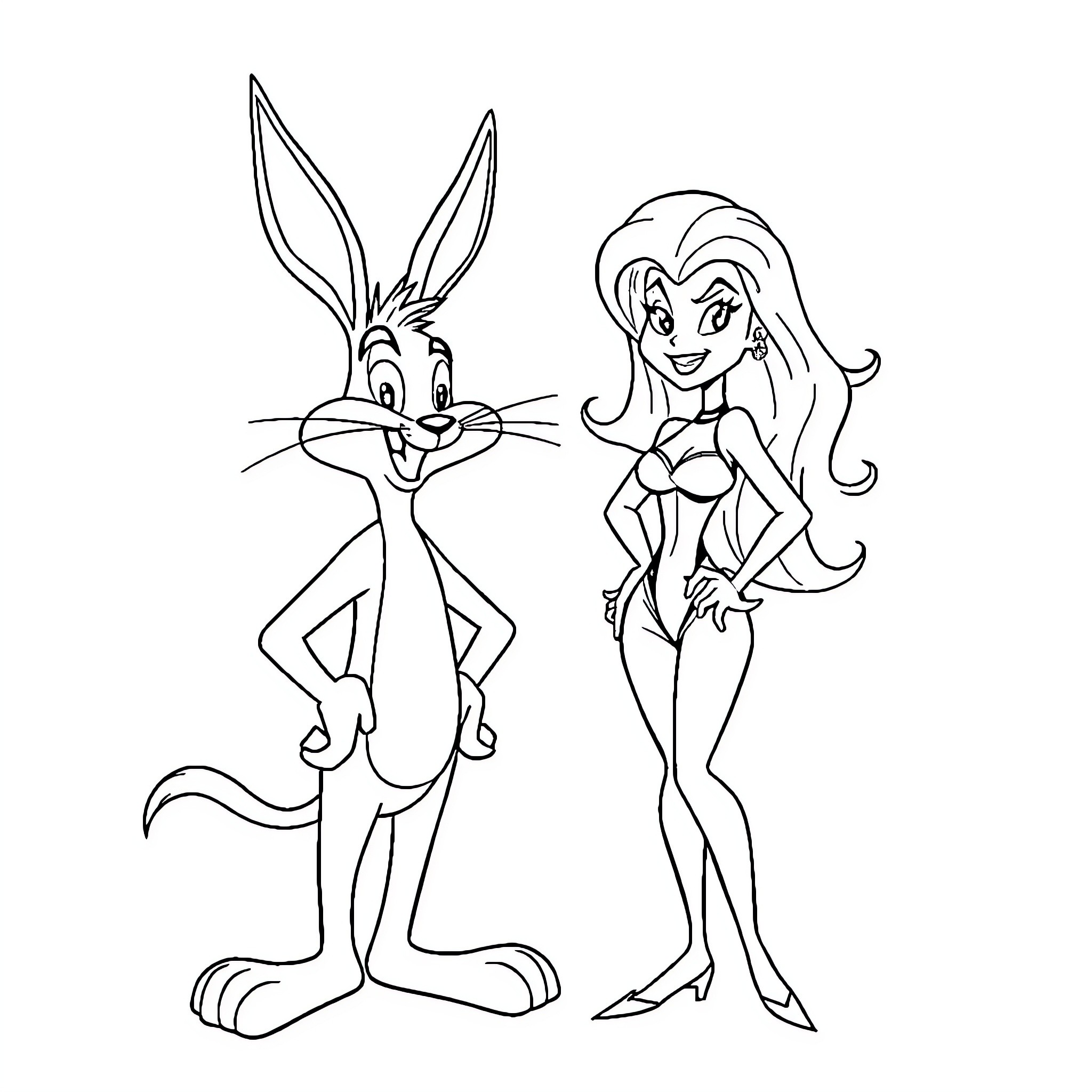 Roger Rabbit and his cartoon companion in playful pose Coloring Page (free black-and-white line drawing printable PDF for all, from beginners to advanced learners, including children, teens, adults, and seniors)