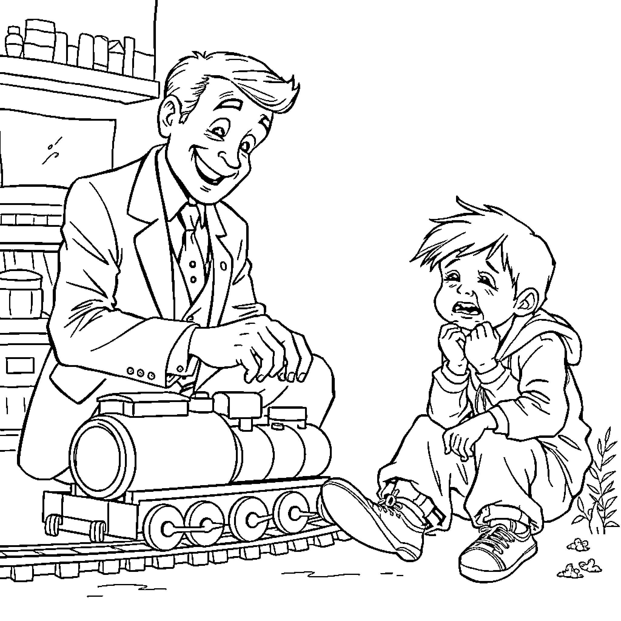 Train conductor helping boy with toy locomotive Coloring Page (free black-and-white line drawing printable PDF for all, from beginners to advanced learners, including children, teens, adults, and seniors)