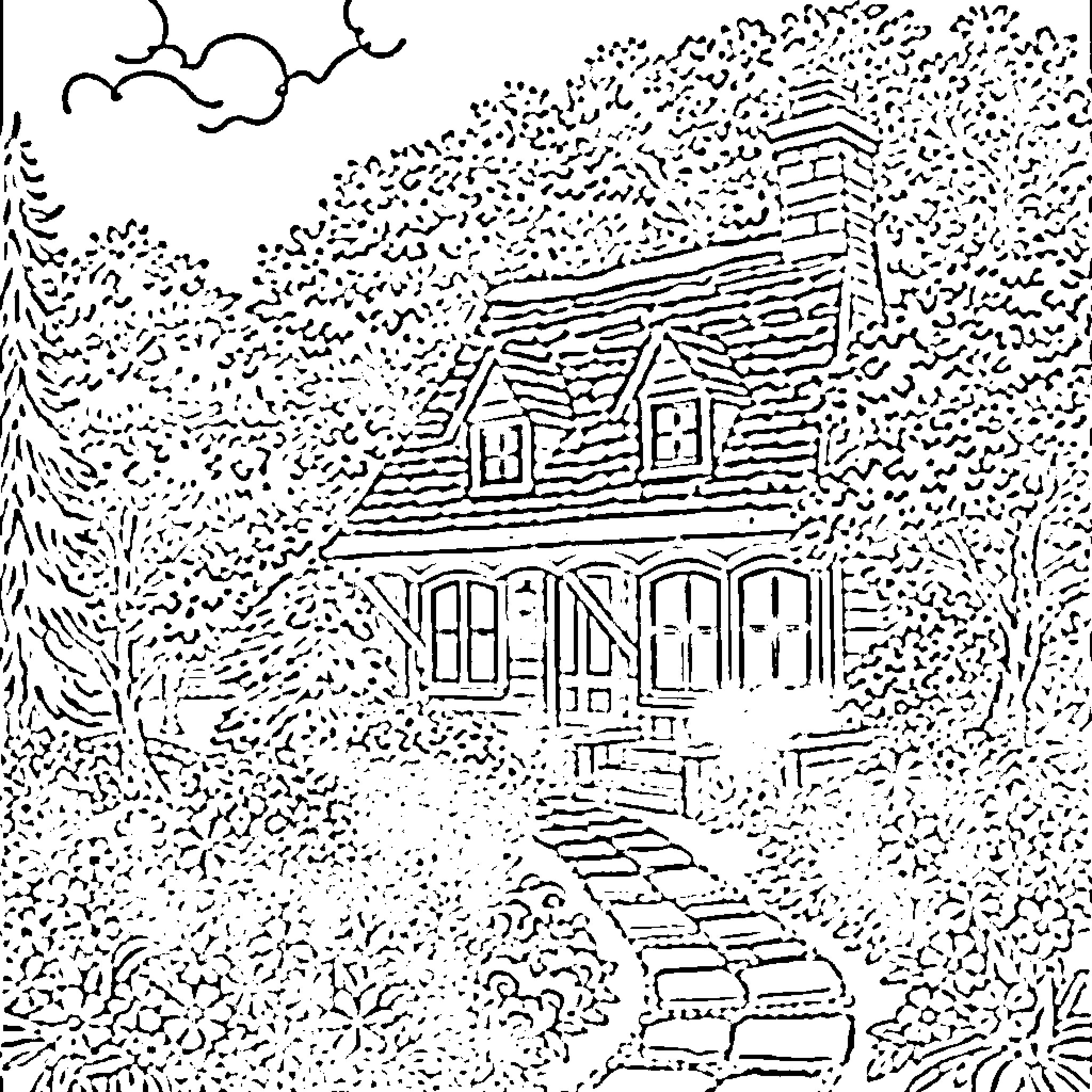 Thomas Kinkade's Cozy Cottage in the Woodland Coloring Page (free black-and-white line drawing printable PDF for all, from beginners to advanced learners, including children, teens, adults, and seniors)