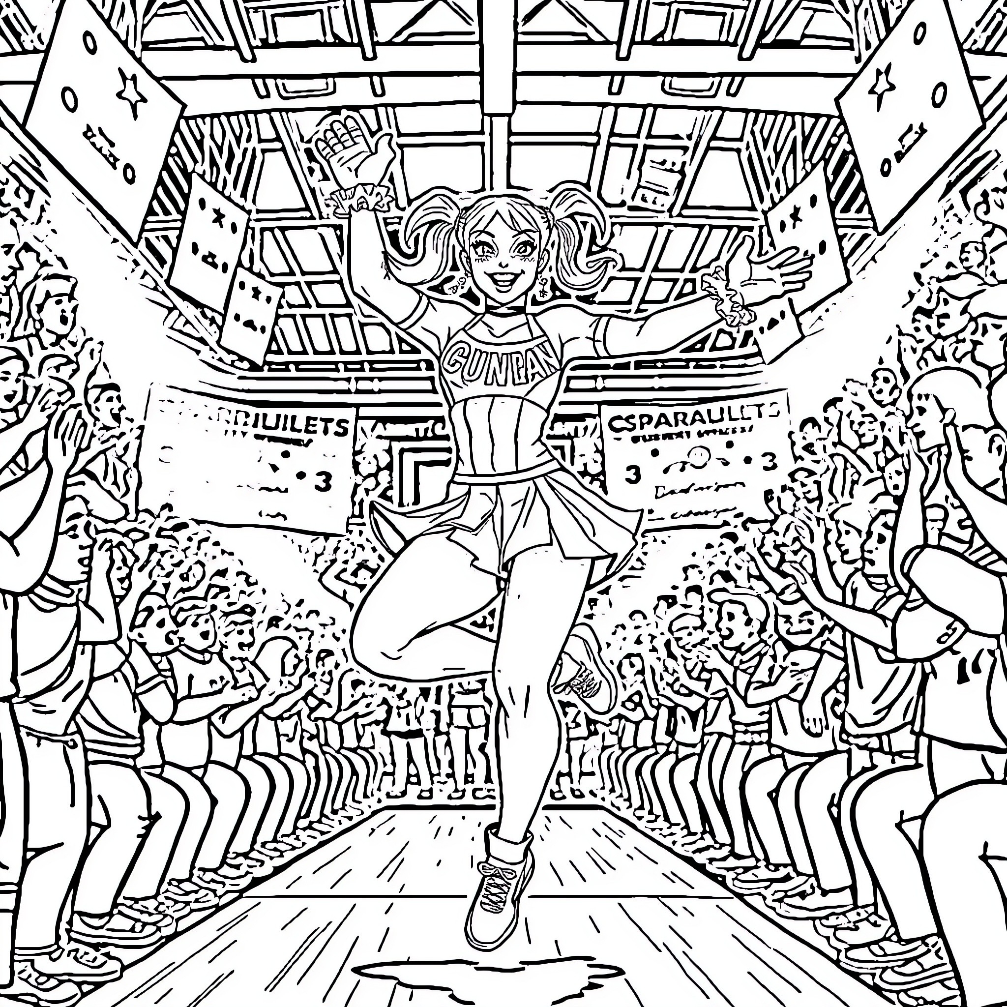 Harley Quinn's Spirited Performance in the Arena Coloring Page (free black-and-white line drawing printable PDF for all, from beginners to advanced learners, including children, teens, adults, and seniors)