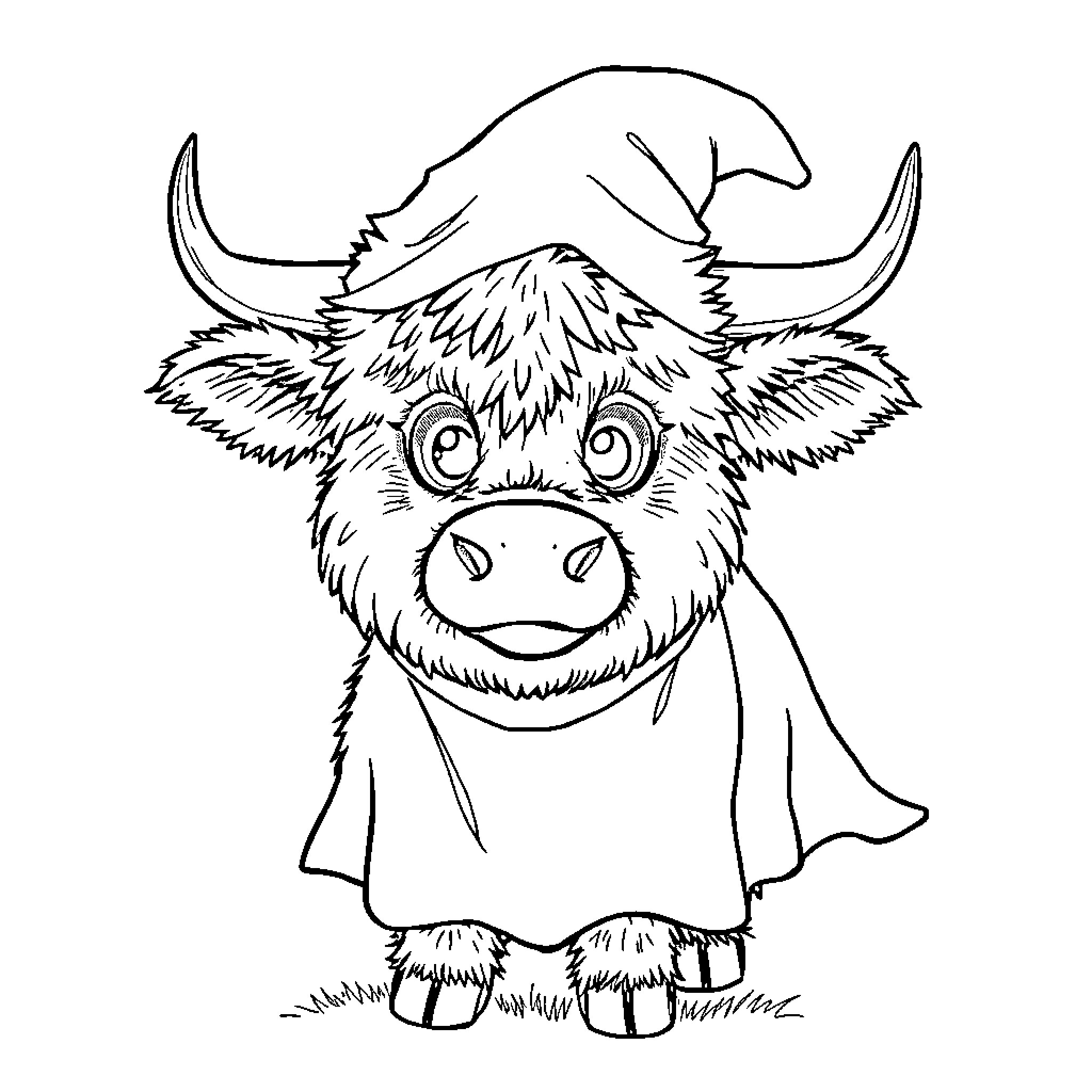 Highland Cow with Curious Expression Coloring Page (free black-and-white line drawing printable PDF for all, from beginners to advanced learners, including children, teens, adults, and seniors)